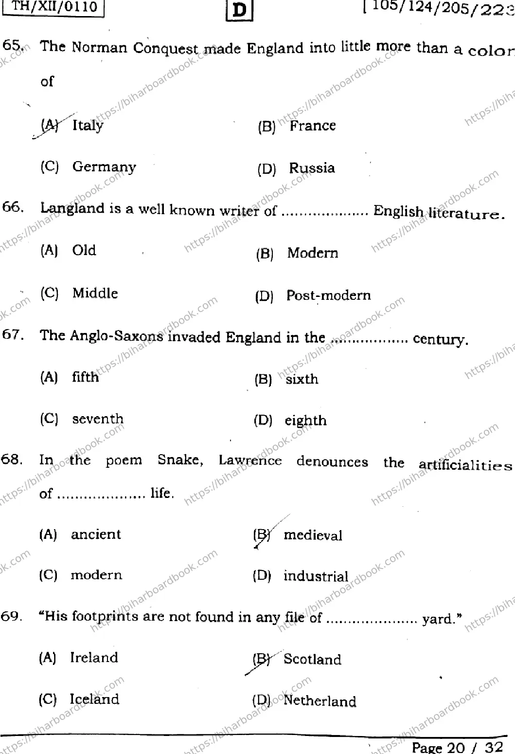 Bihar Board Class 12th 2026 ENGLISH-105-124-205-223-SET-D Previous Year Paper 20