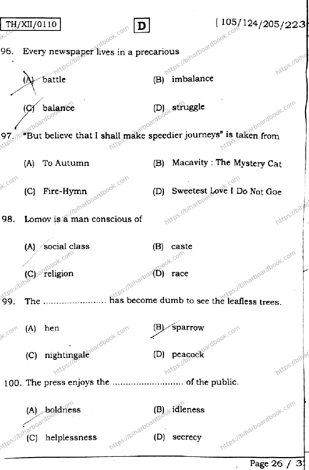 Bihar Board Class 12th 2026 ENGLISH-105-124-205-223-SET-D Previous Year Paper 26