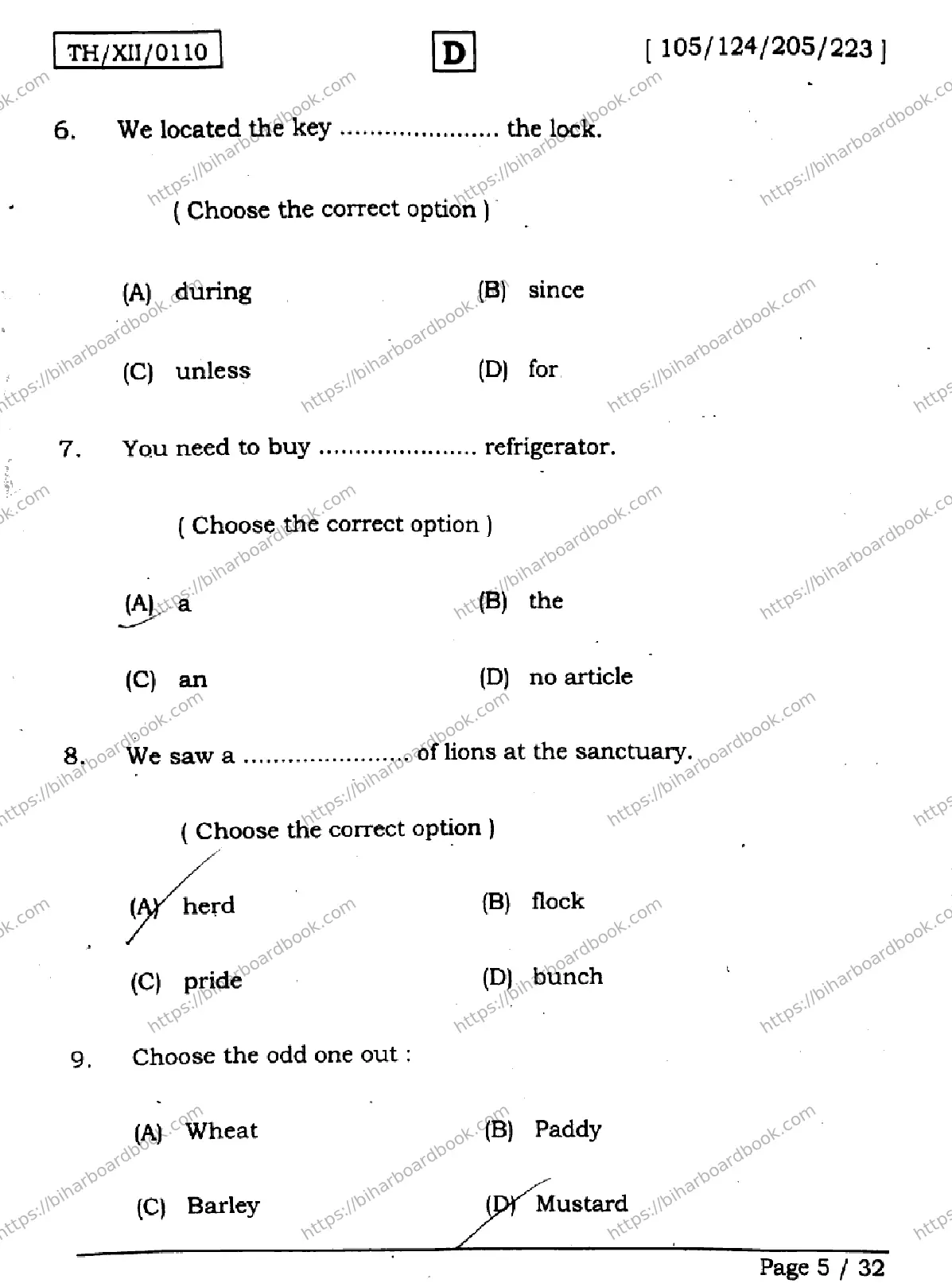 Bihar Board Class 12th 2026 ENGLISH-105-124-205-223-SET-D Previous Year Paper 5