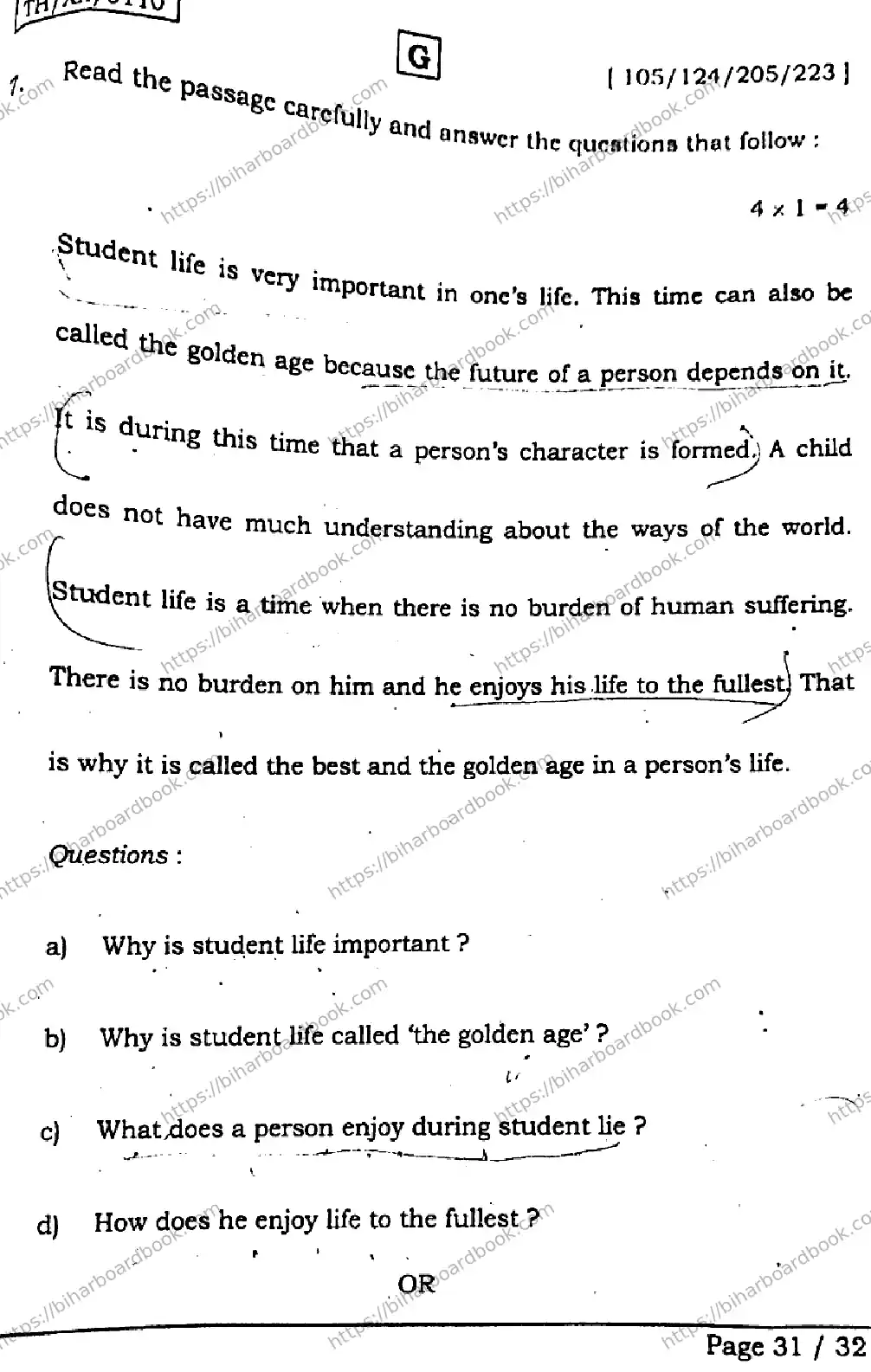 Bihar Board Class 12th 2026 ENGLISH-105-124-205-223-SET-G Previous Year Paper 30