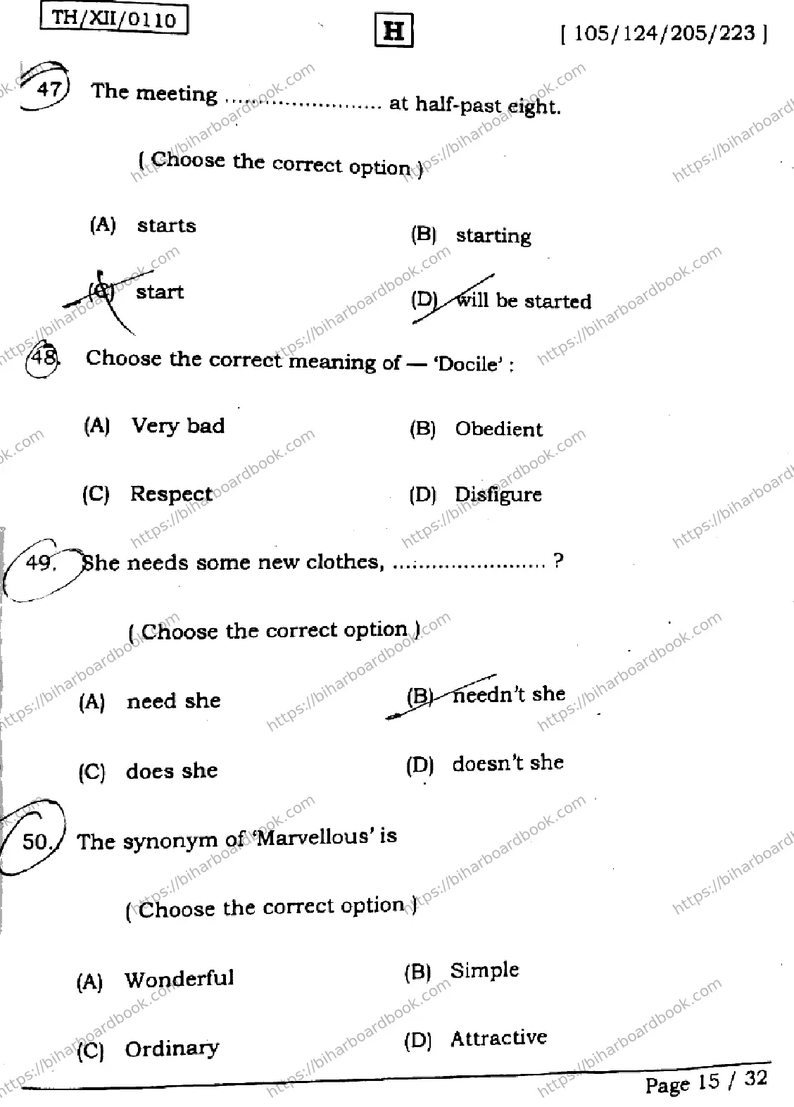 Bihar Board Class 12th 2026 ENGLISH-105-124-205-223-SET-H Previous Year Paper 15