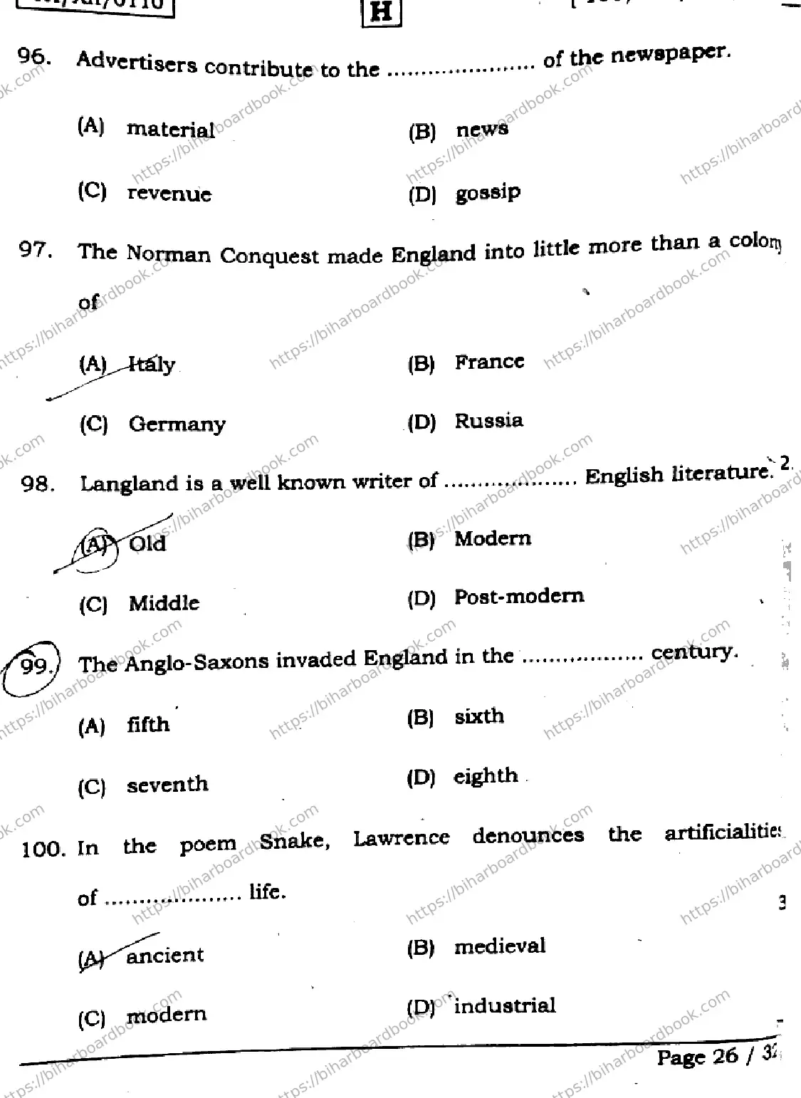 Bihar Board Class 12th 2026 ENGLISH-105-124-205-223-SET-H Previous Year Paper 26