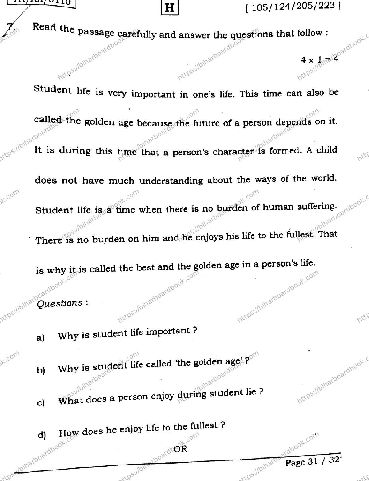 Bihar Board Class 12th 2026 ENGLISH-105-124-205-223-SET-H Previous Year Paper 31