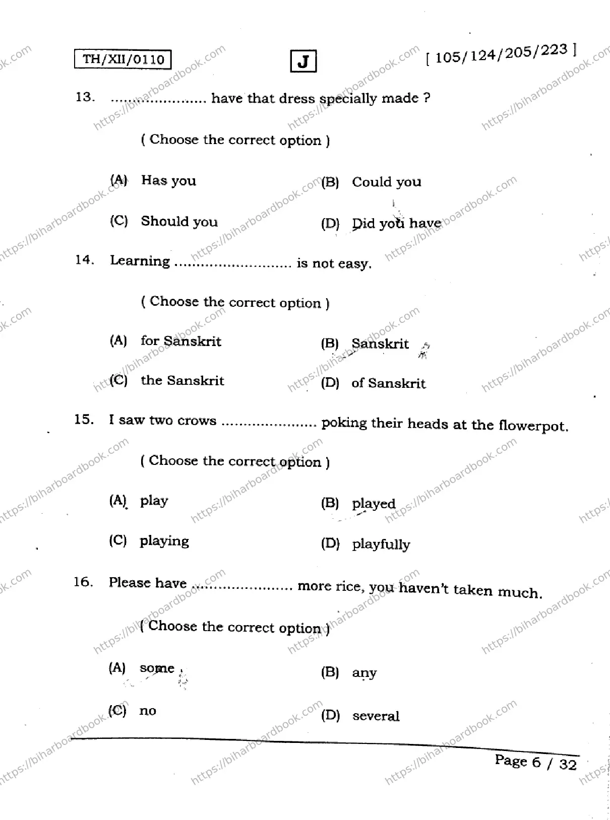 Bihar Board Class 12th 2026 ENGLISH-105-124-205-223-SET-J Previous Year Paper 6