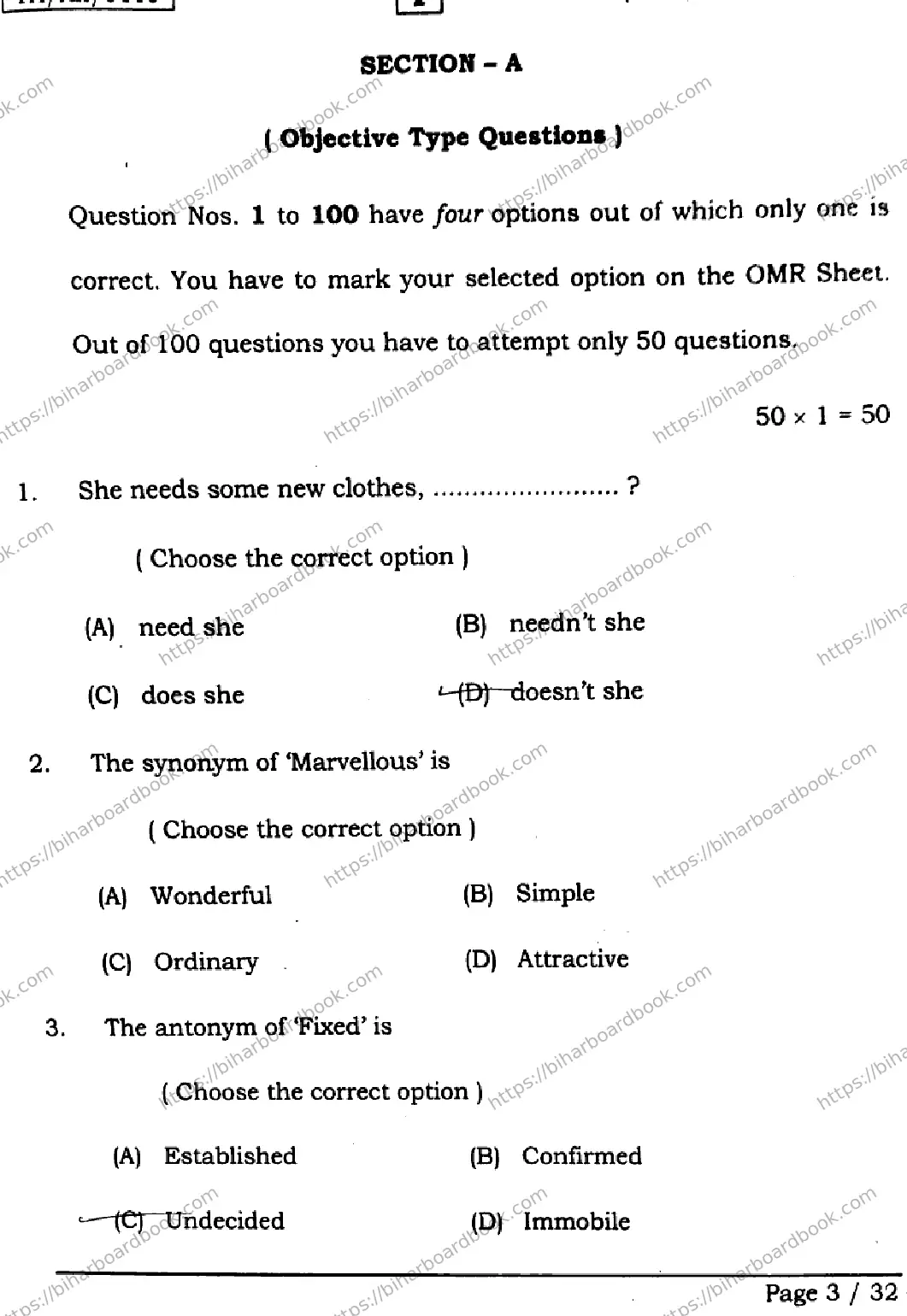 Bihar Board Class 12th 2026 ENGLISH-105-124-205-223-SETI Previous Year Paper 3