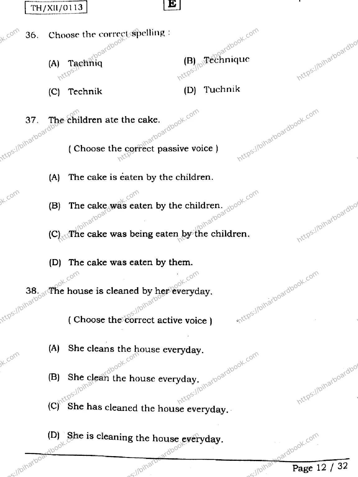 Bihar Board Class 12th 2026 ENGLISH-305-330-SET-E Previous Year Paper 12