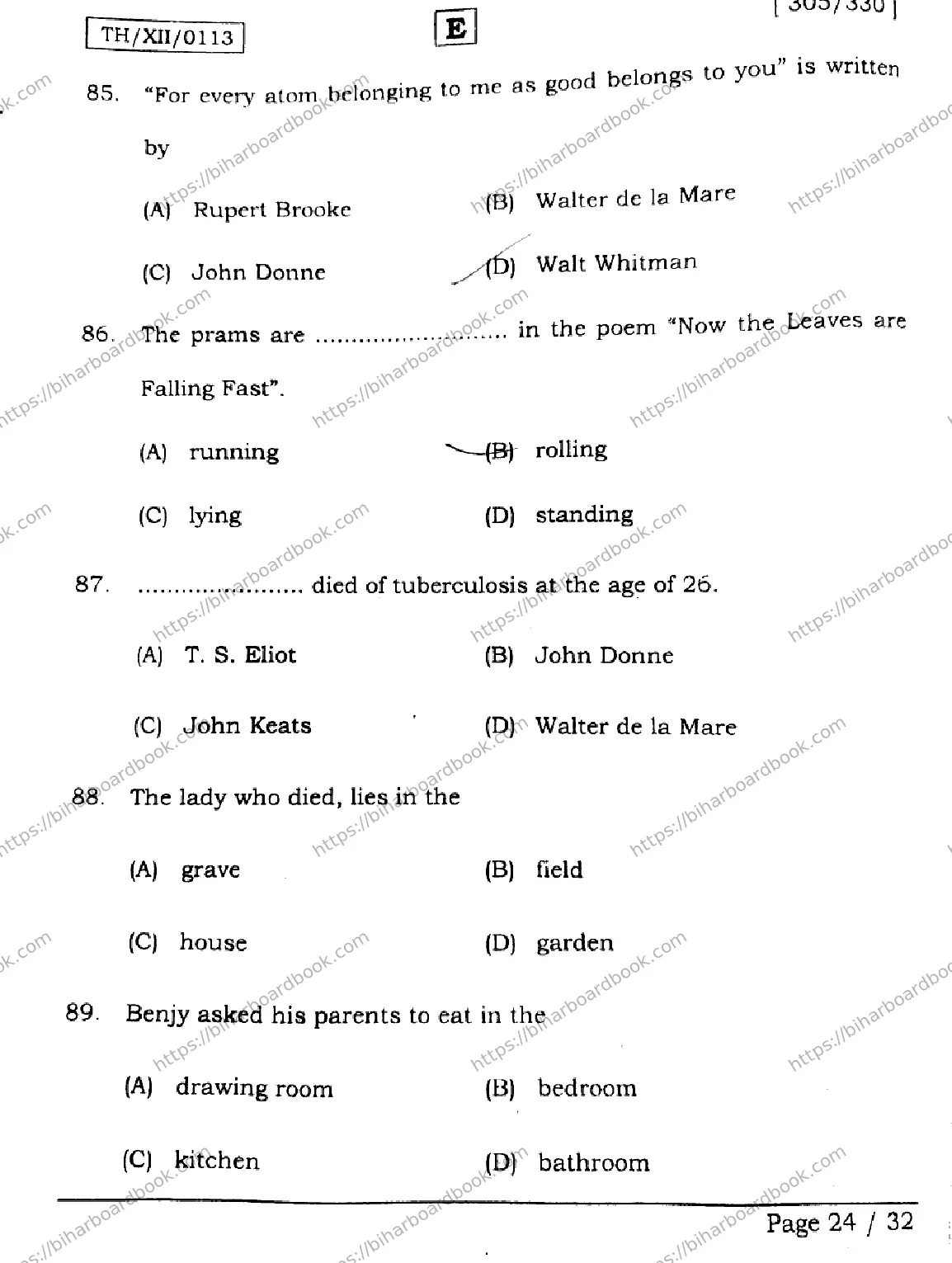 Bihar Board Class 12th 2026 ENGLISH-305-330-SET-E Previous Year Paper 24