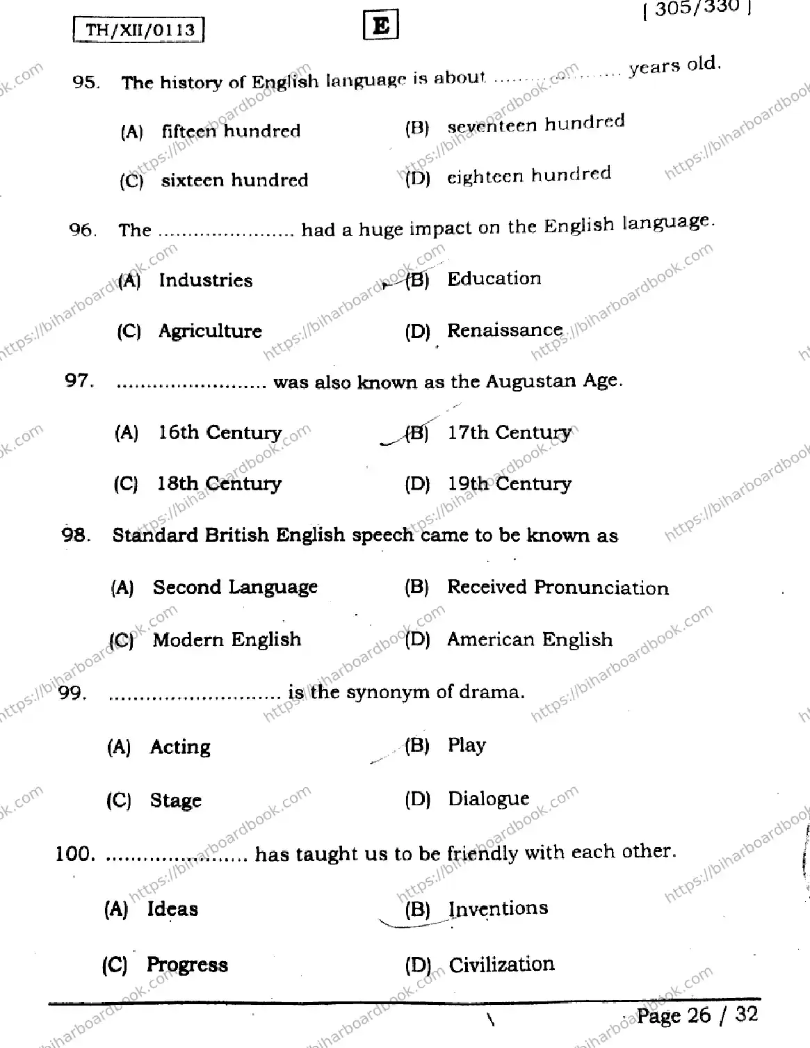 Bihar Board Class 12th 2026 ENGLISH-305-330-SET-E Previous Year Paper 26