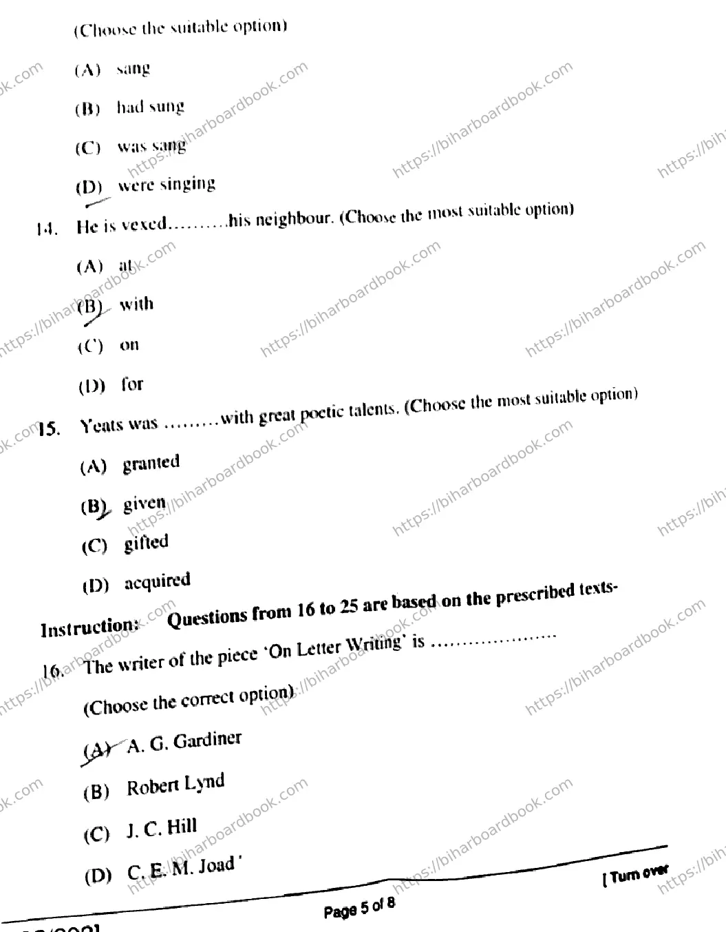 Bihar Board Class 12th 2018 English  102202  2018 Previous Year Paper 5