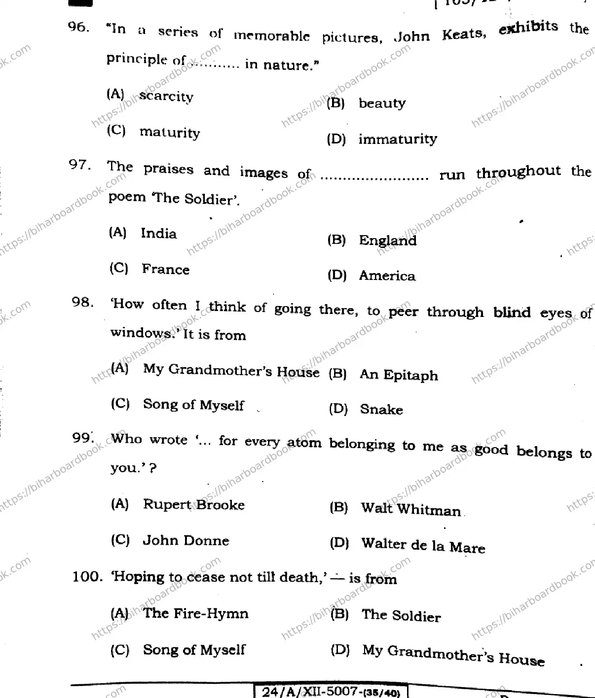 Bihar Board Class 12th 2024 English  105  (SetE) Previous Year Paper 26