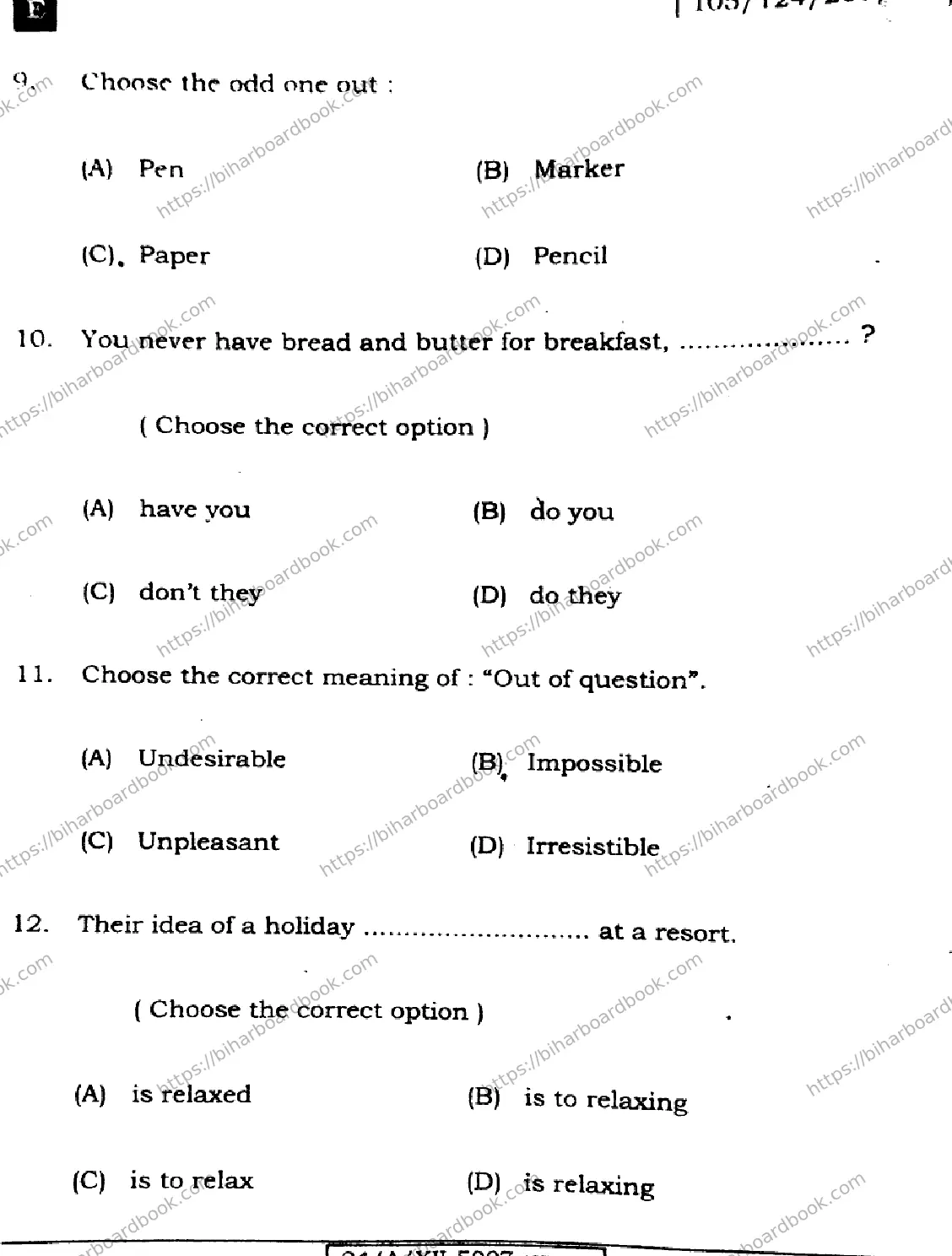 Bihar Board Class 12th 2024 English  105  (SetE) Previous Year Paper 6
