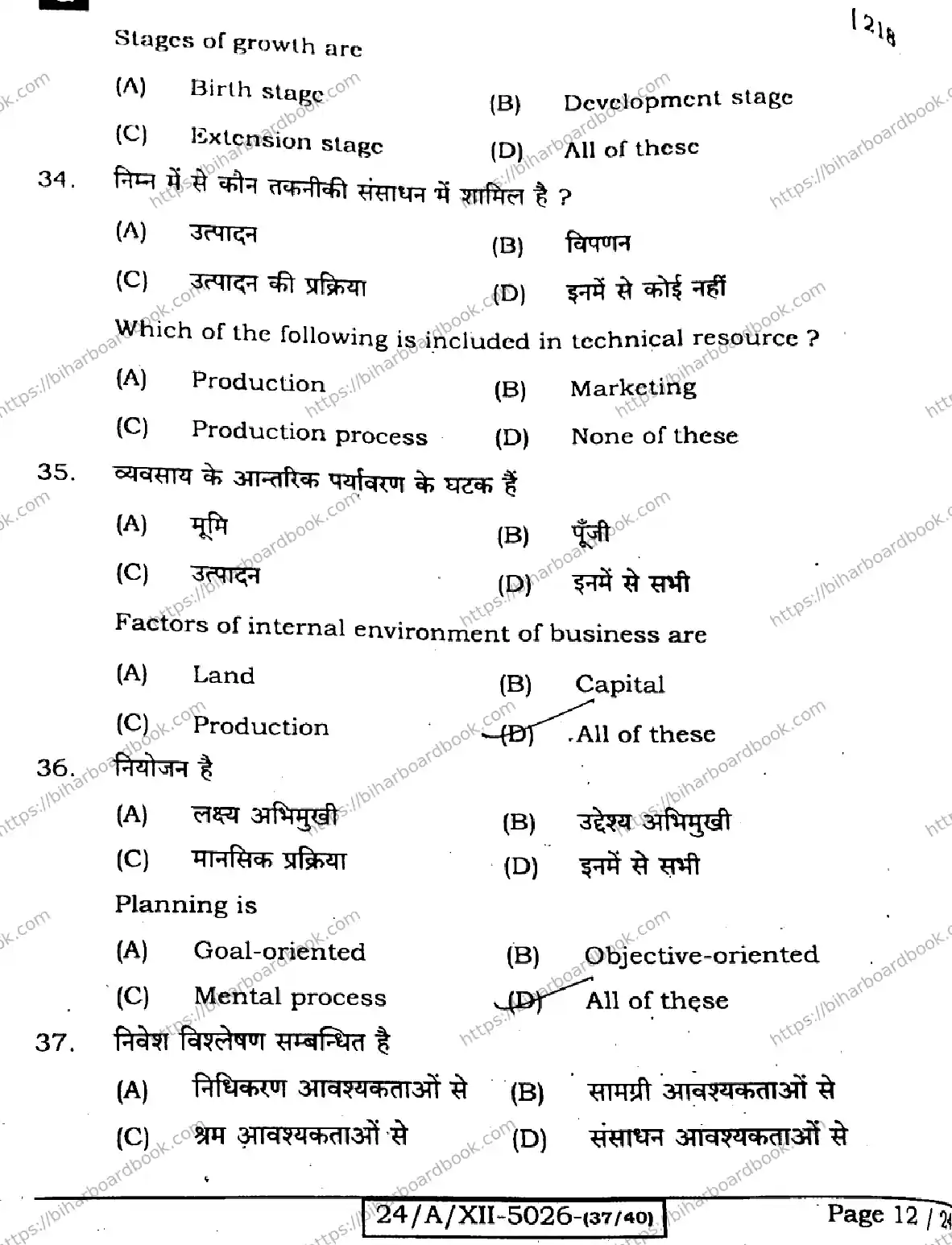 Bihar Board Class 12th 2024 Entrepreneurship  218  (SetG) Previous Year Paper 12