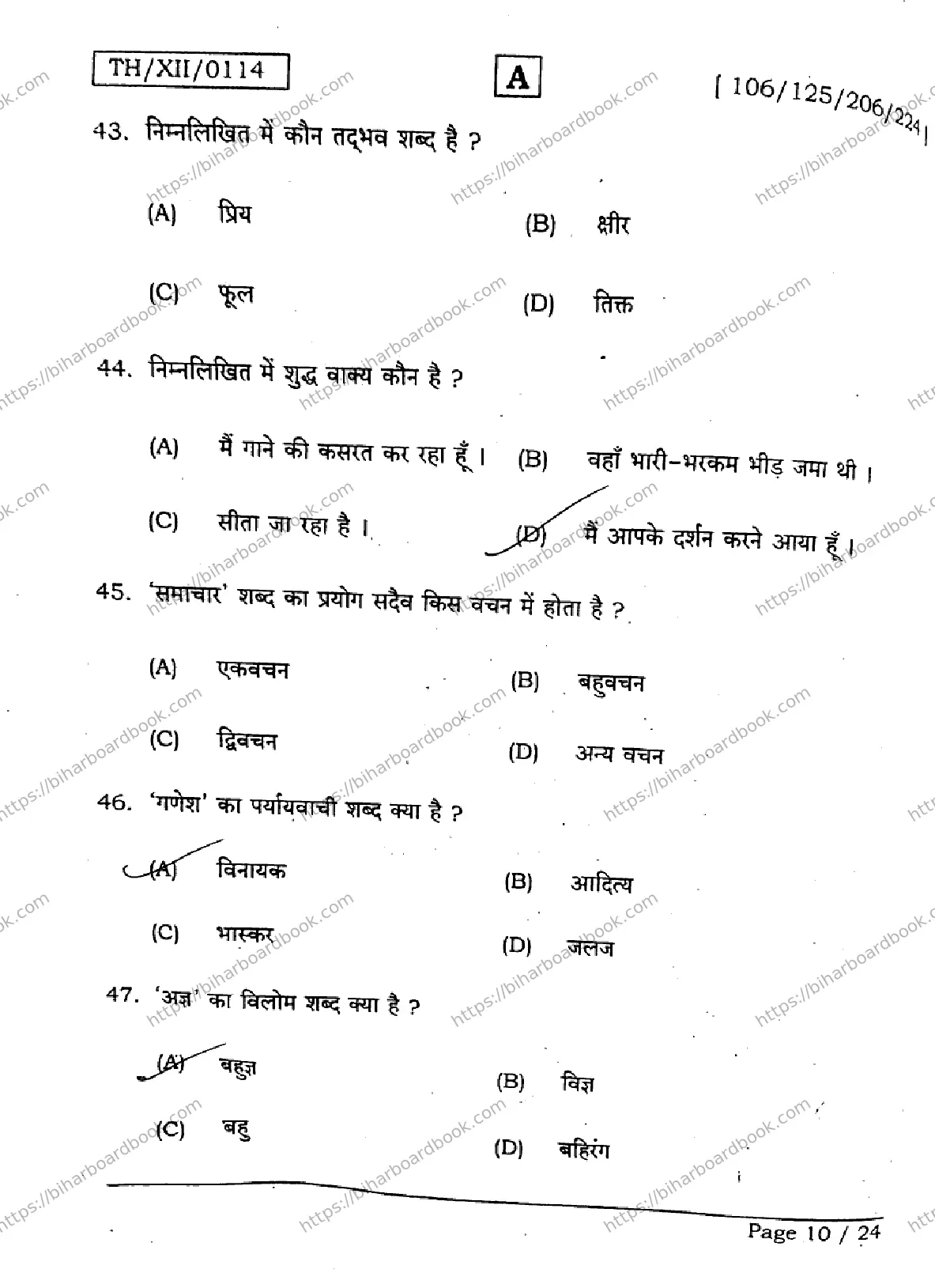 Bihar Board Class 12th 2026 HINDI-106-125-206-224-SET-A Previous Year Paper 10