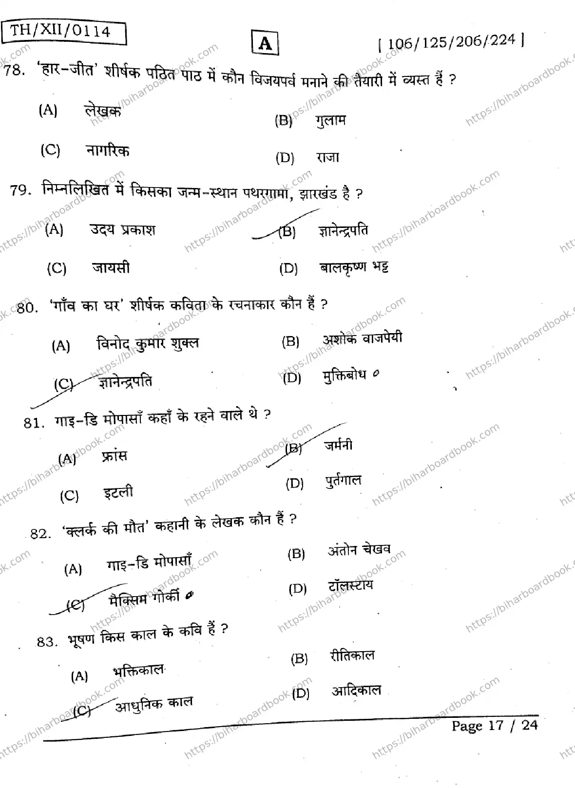 Bihar Board Class 12th 2026 HINDI-106-125-206-224-SET-A Previous Year Paper 17