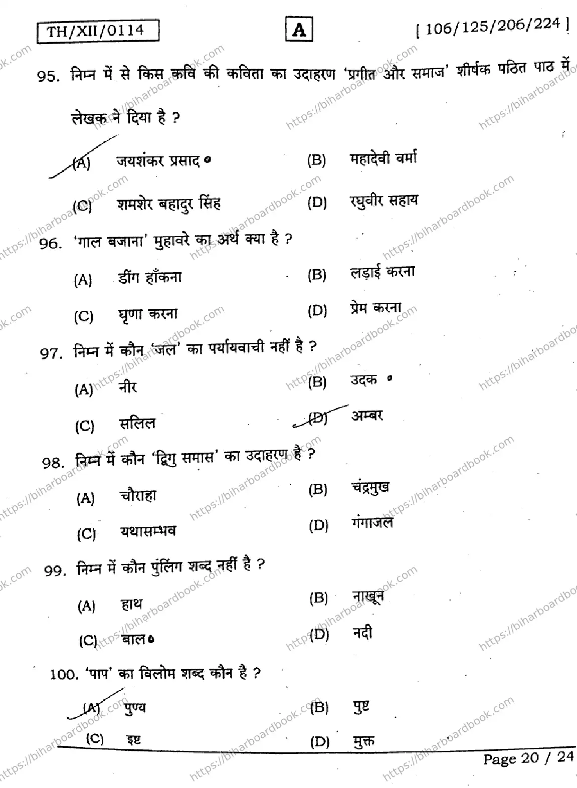 Bihar Board Class 12th 2026 HINDI-106-125-206-224-SET-A Previous Year Paper 20