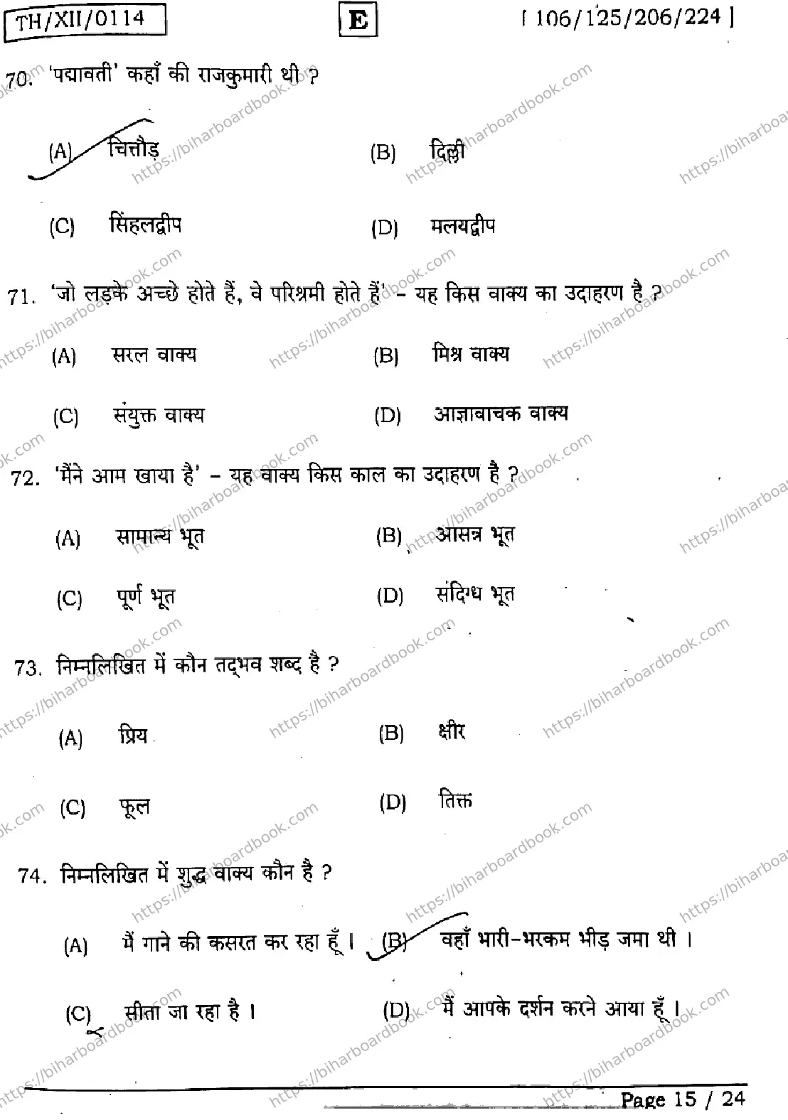 Bihar Board Class 12th 2026 HINDI-106-125-206-224-SET-E Previous Year Paper 15