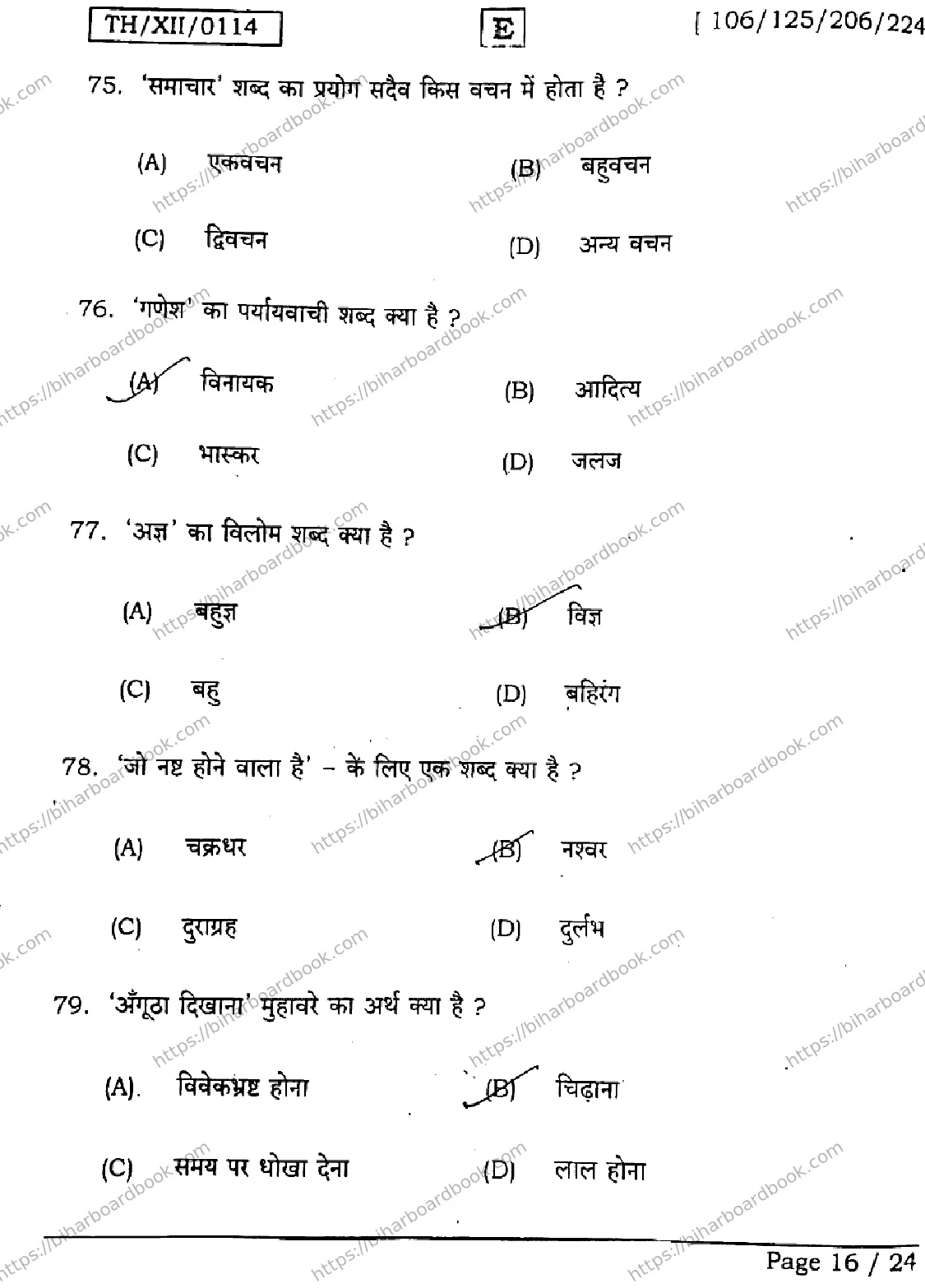Bihar Board Class 12th 2026 HINDI-106-125-206-224-SET-E Previous Year Paper 16
