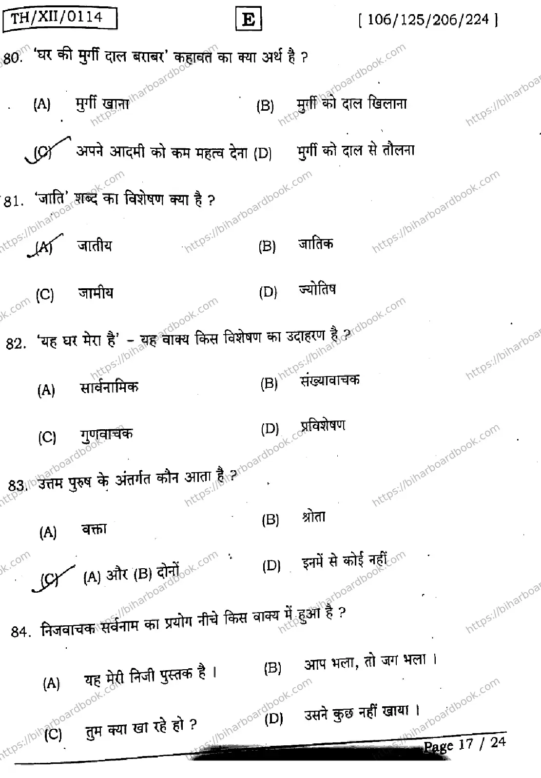 Bihar Board Class 12th 2026 HINDI-106-125-206-224-SET-E Previous Year Paper 17