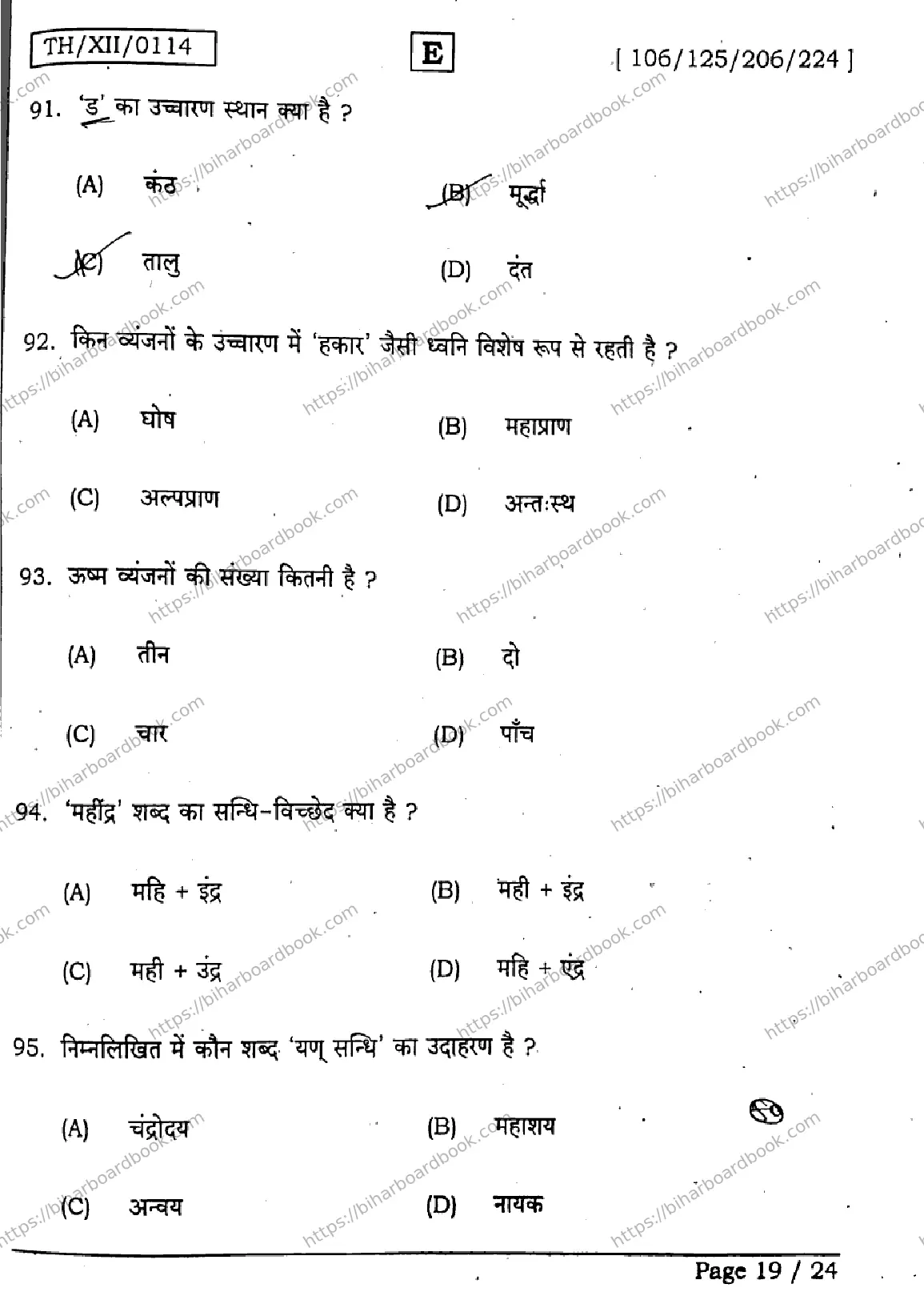 Bihar Board Class 12th 2026 HINDI-106-125-206-224-SET-E Previous Year Paper 19