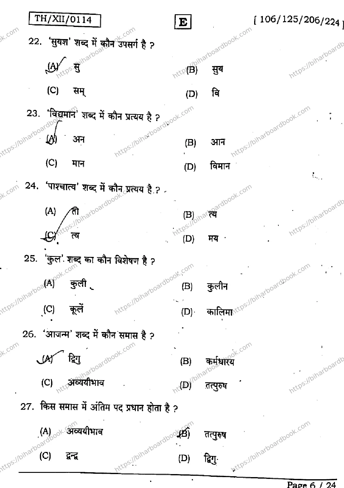 Bihar Board Class 12th 2026 HINDI-106-125-206-224-SET-E Previous Year Paper 6