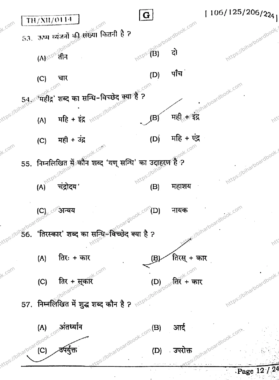 Bihar Board Class 12th 2026 HINDI-106-125-206-224-SET-G Previous Year Paper 12
