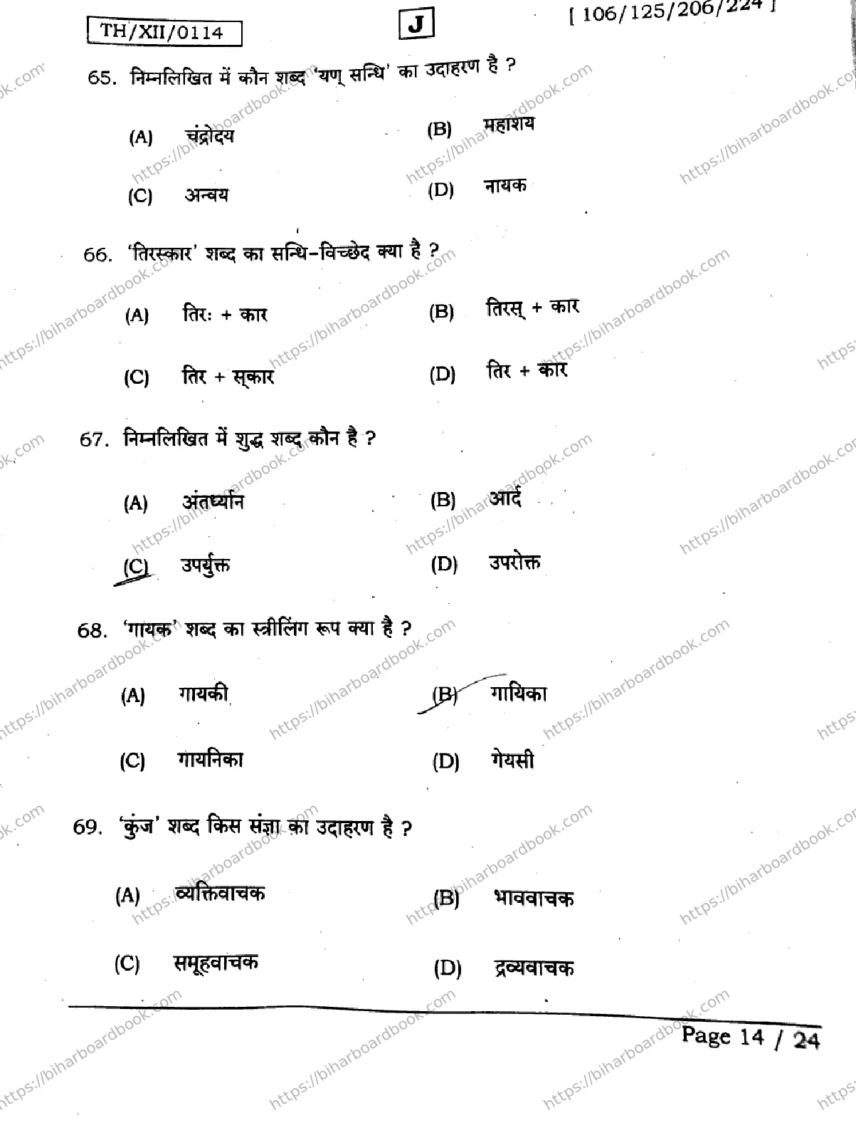 Bihar Board Class 12th 2026 HINDI-106-125-206-224-SET-J Previous Year Paper 14