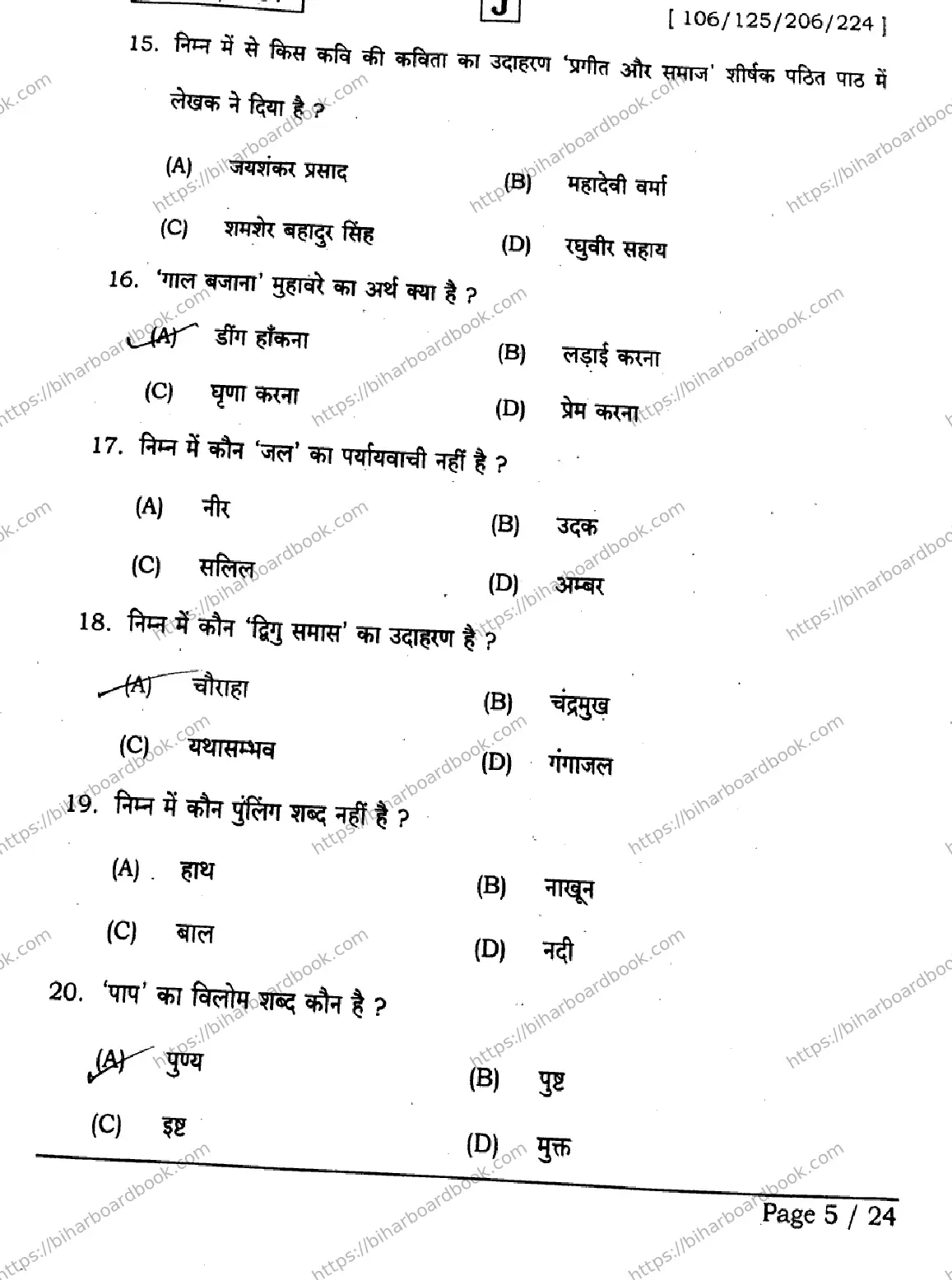 Bihar Board Class 12th 2026 HINDI-106-125-206-224-SET-J Previous Year Paper 5