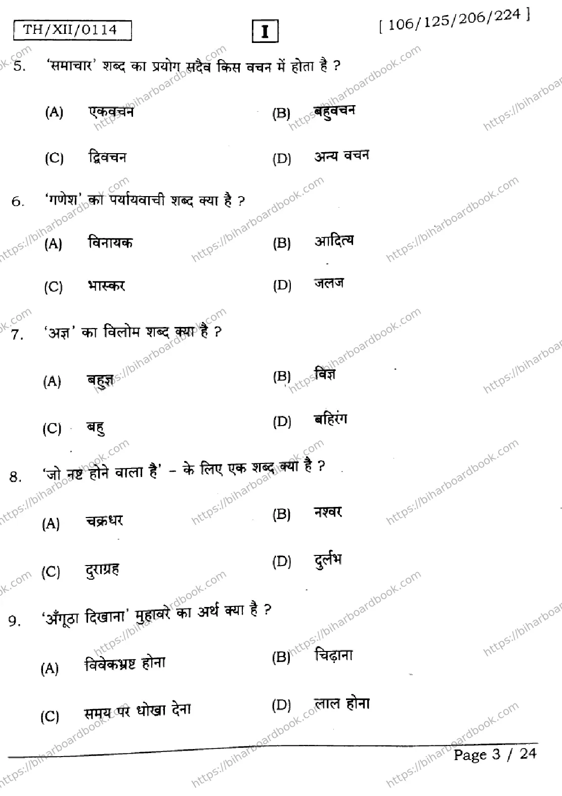 Bihar Board Class 12th 2026 HINDI-106-125-206-224-SETI Previous Year Paper 3