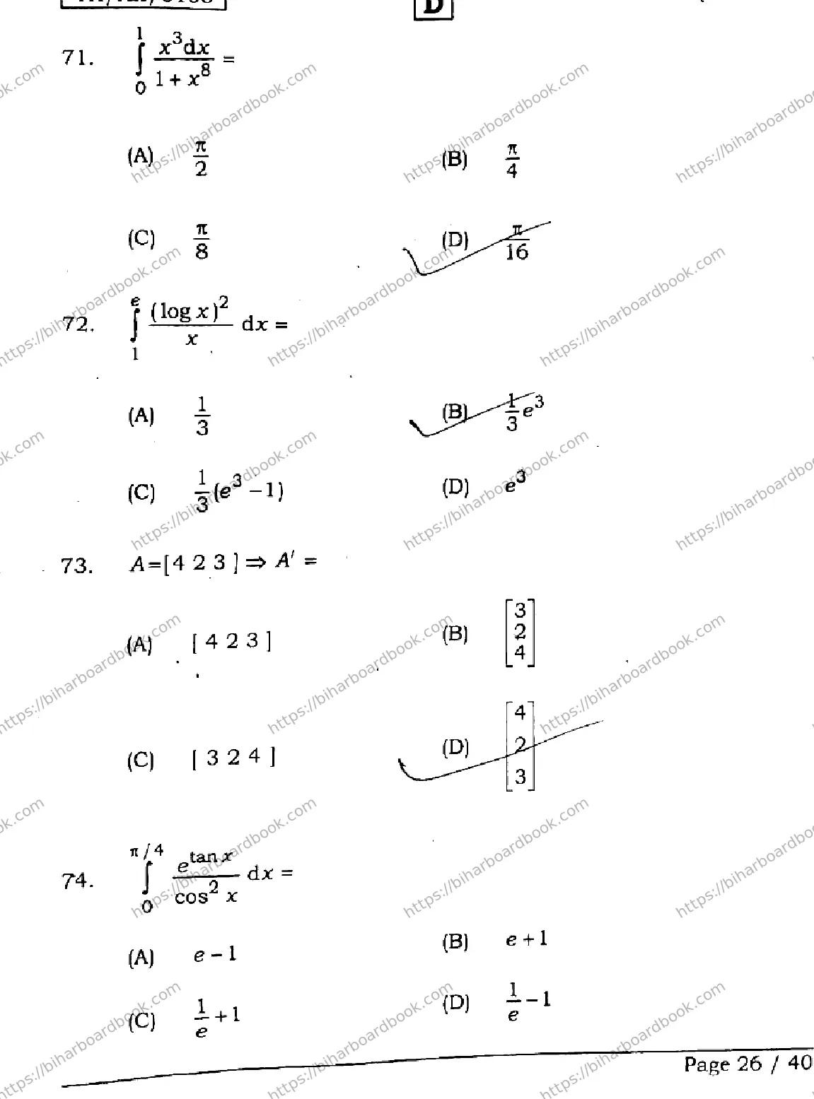 Bihar Board Class 12th 2026 MATHEMATICS-121-327-SET-D Previous Year Paper 26