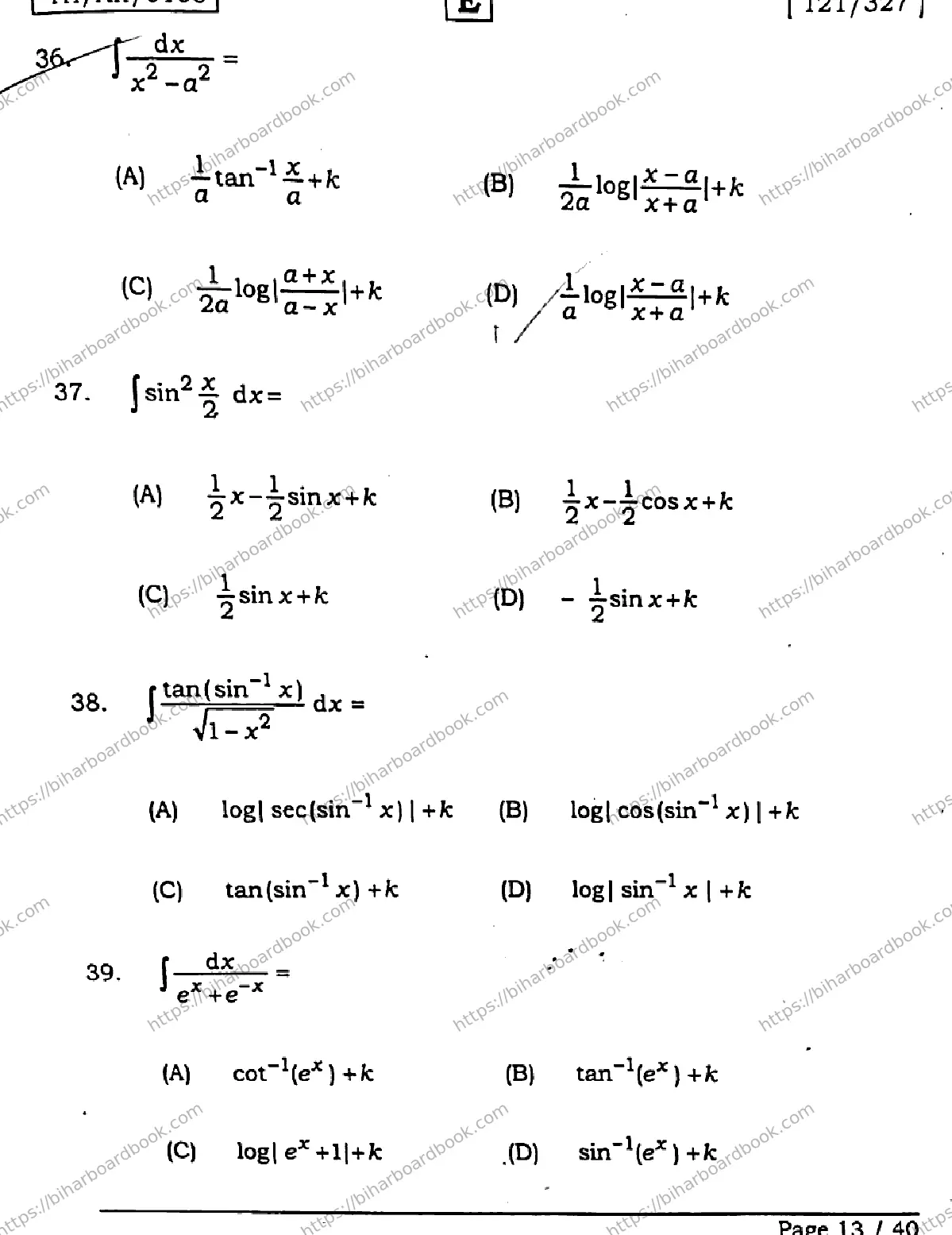 Bihar Board Class 12th 2026 MATHEMATICS-121-327-SET-E Previous Year Paper 13