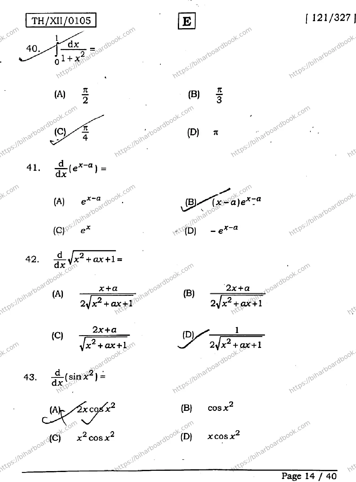 Bihar Board Class 12th 2026 MATHEMATICS-121-327-SET-E Previous Year Paper 14