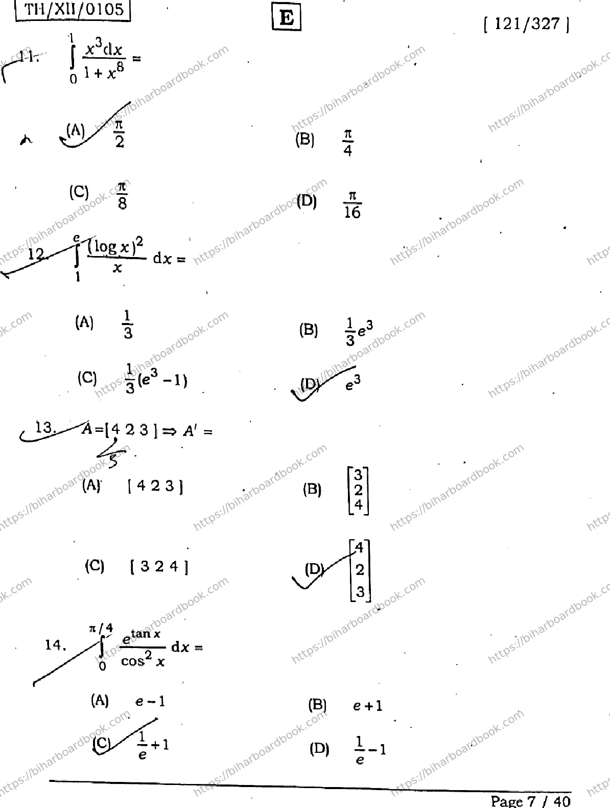 Bihar Board Class 12th 2026 MATHEMATICS-121-327-SET-E Previous Year Paper 7