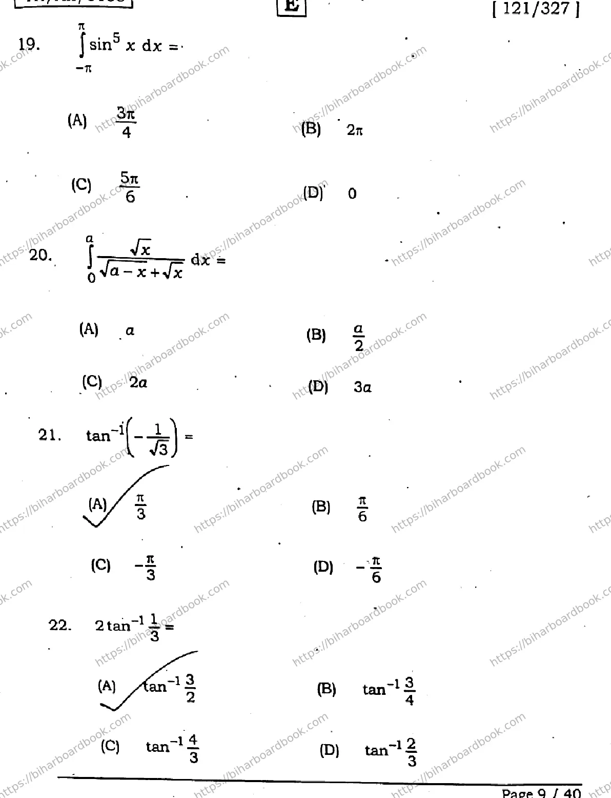 Bihar Board Class 12th 2026 MATHEMATICS-121-327-SET-E Previous Year Paper 9