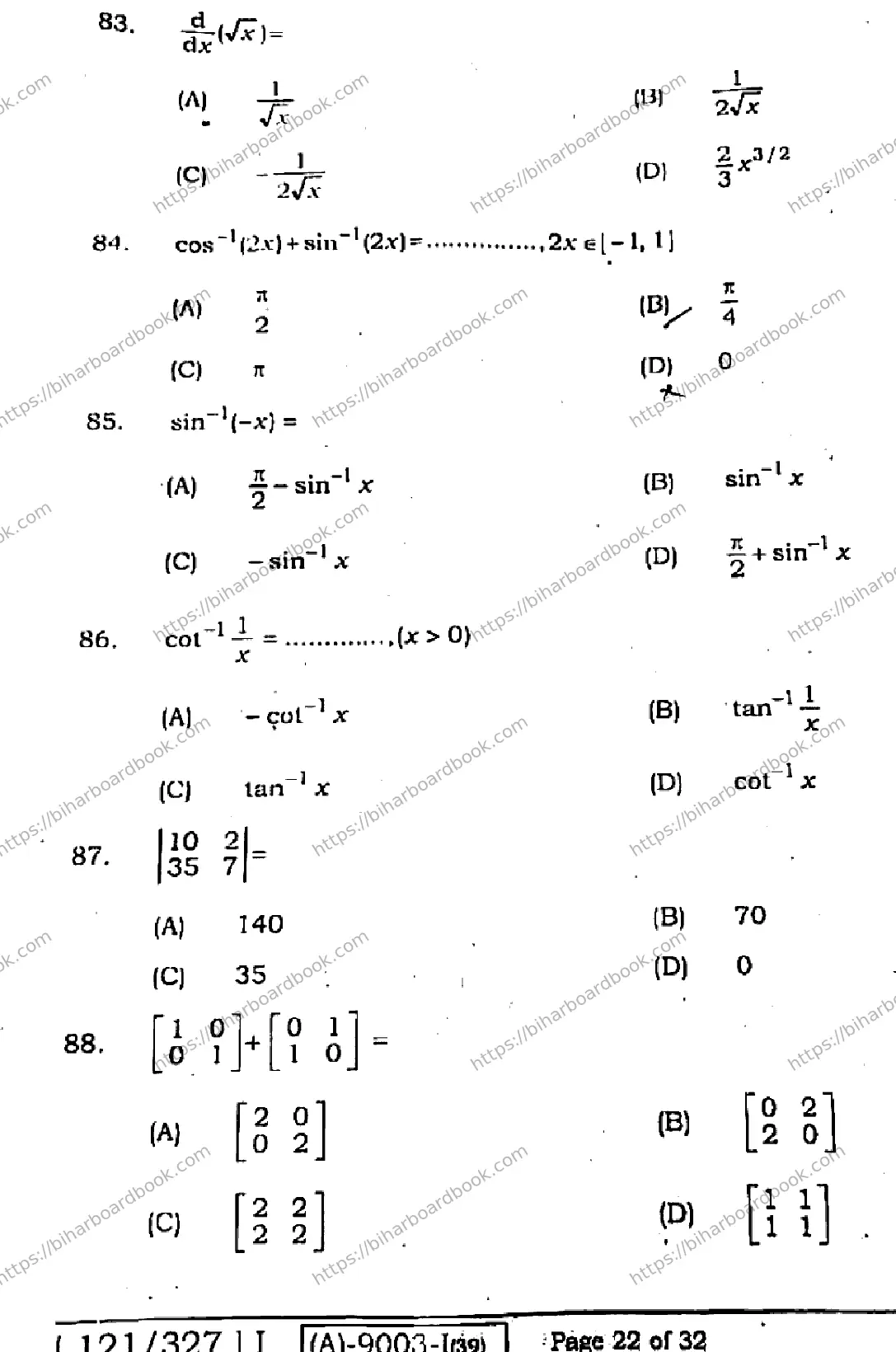 Bihar Board Class 12th 2021 Mathematics  121327I  2021 Previous Year Paper 22
