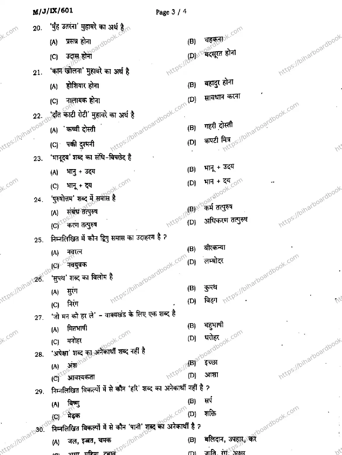 Bihar Board Class 9th 2024 Hindi (MT)  101  Jan2024 (Monthly) Previous Year Paper 3