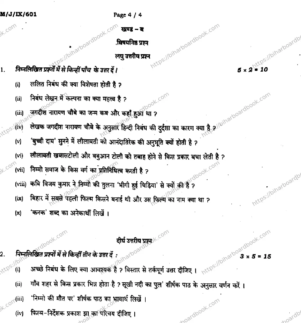 Bihar Board Class 9th 2024 Hindi (MT)  101  Jan2024 (Monthly) Previous Year Paper 4