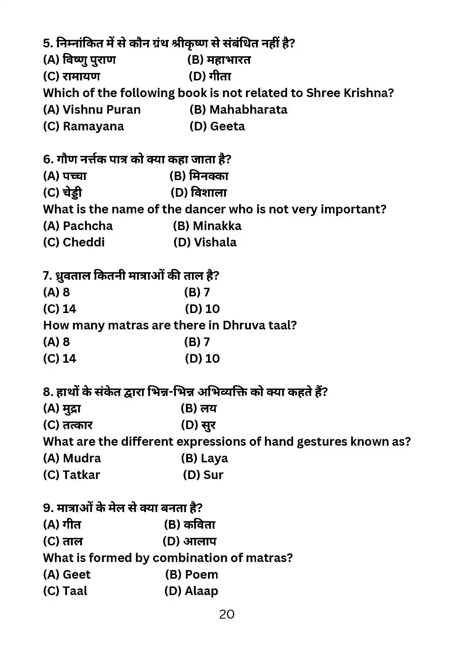 Bihar Board Class 10th 2024 Dance Sample Paper 20