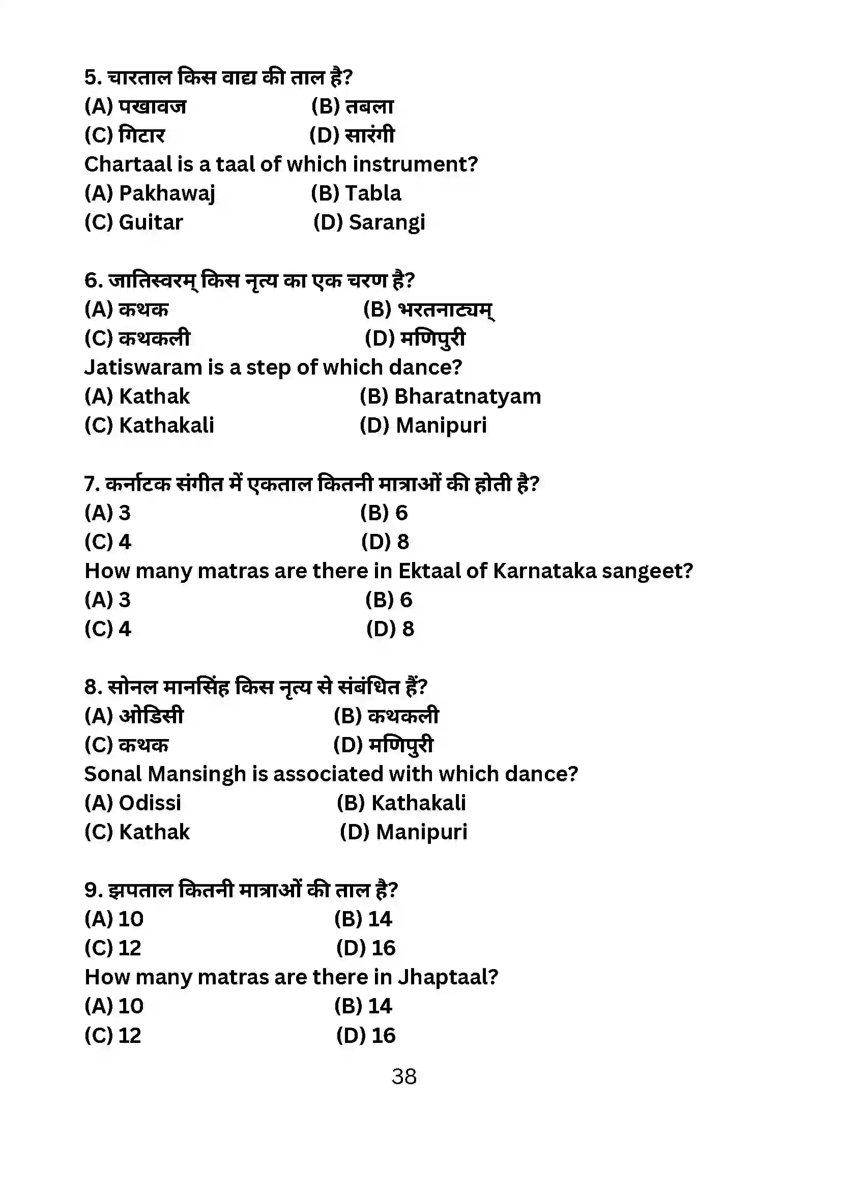 Bihar Board Class 10th 2024 Dance Sample Paper 38
