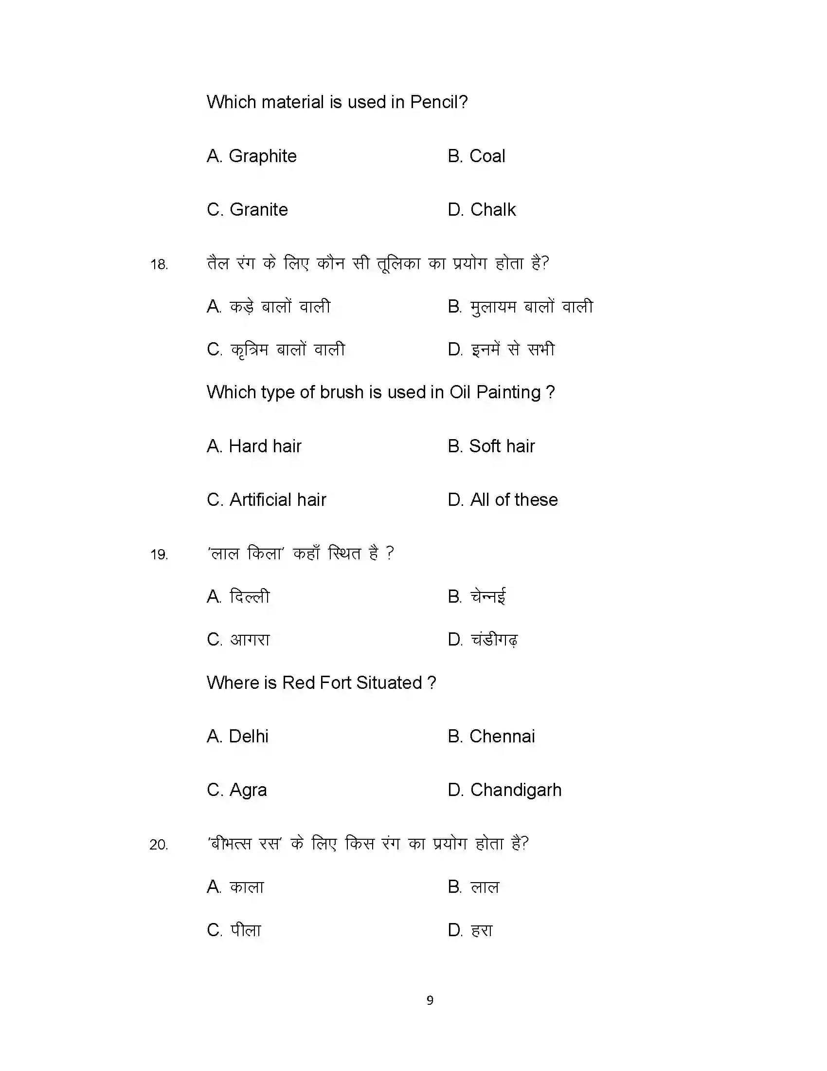 Bihar Board Class 10th 2020 Fine Art Sample Paper 9