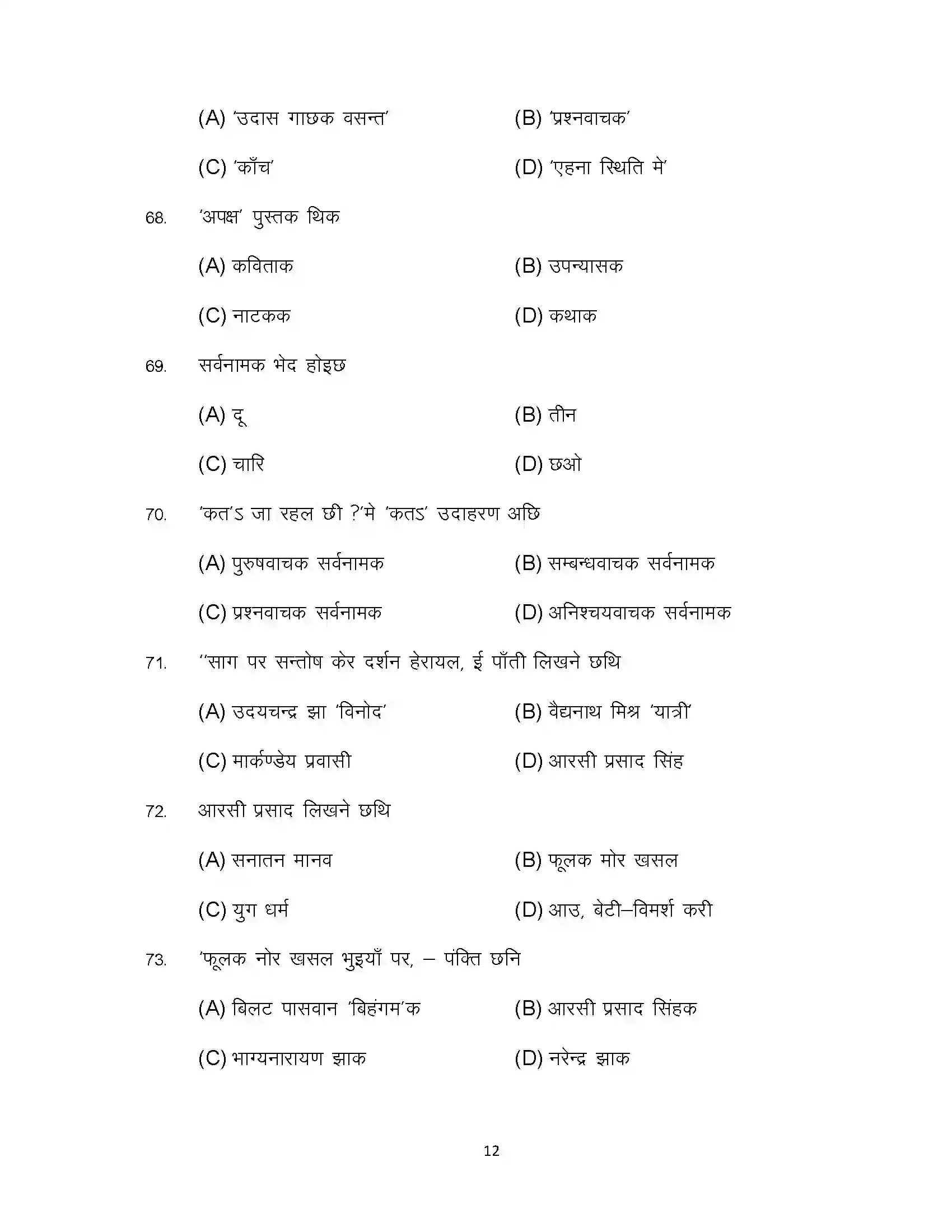 Bihar Board Class 10th 2024 Maithili (Opt) Sample Paper 12