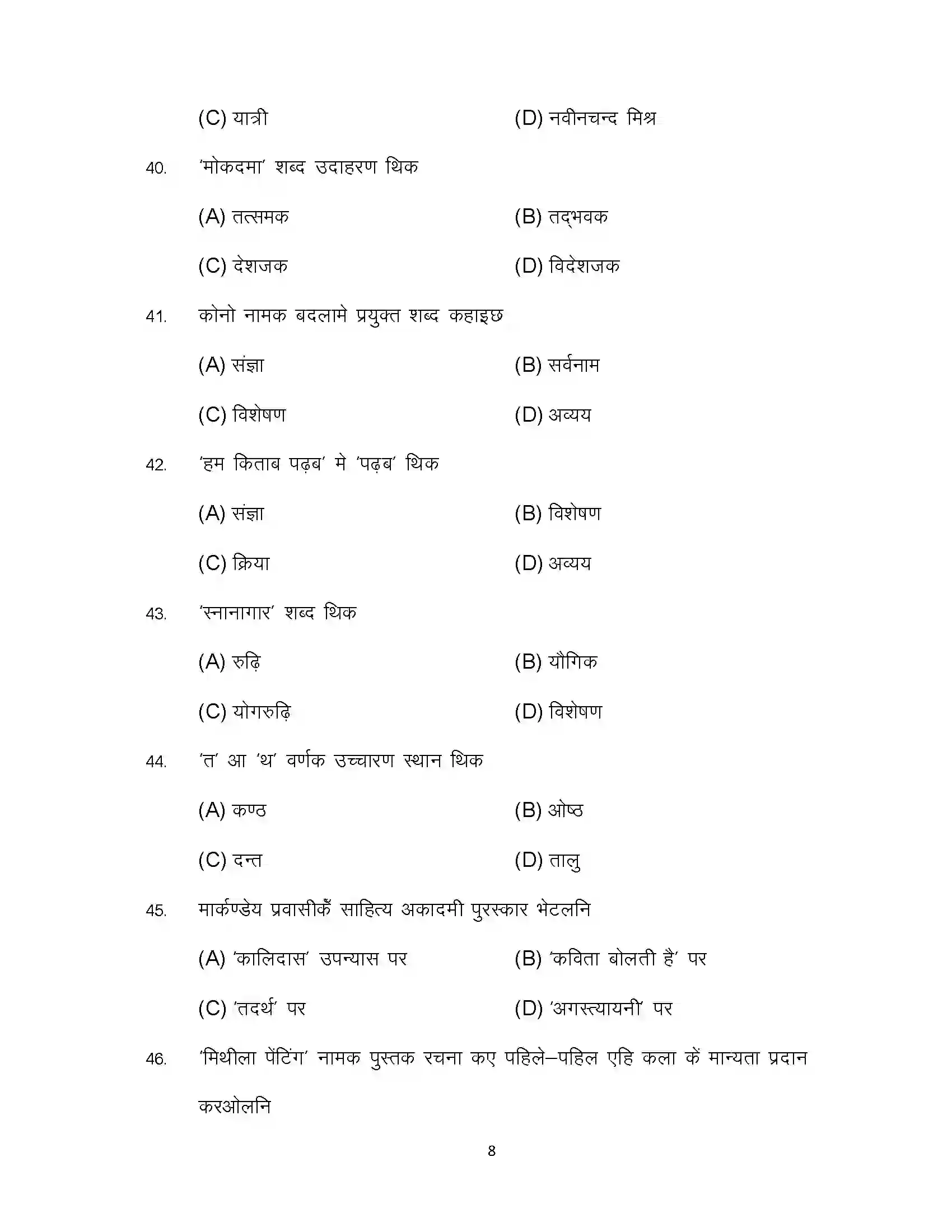 Bihar Board Class 10th 2024 Maithili (Opt) Sample Paper 8