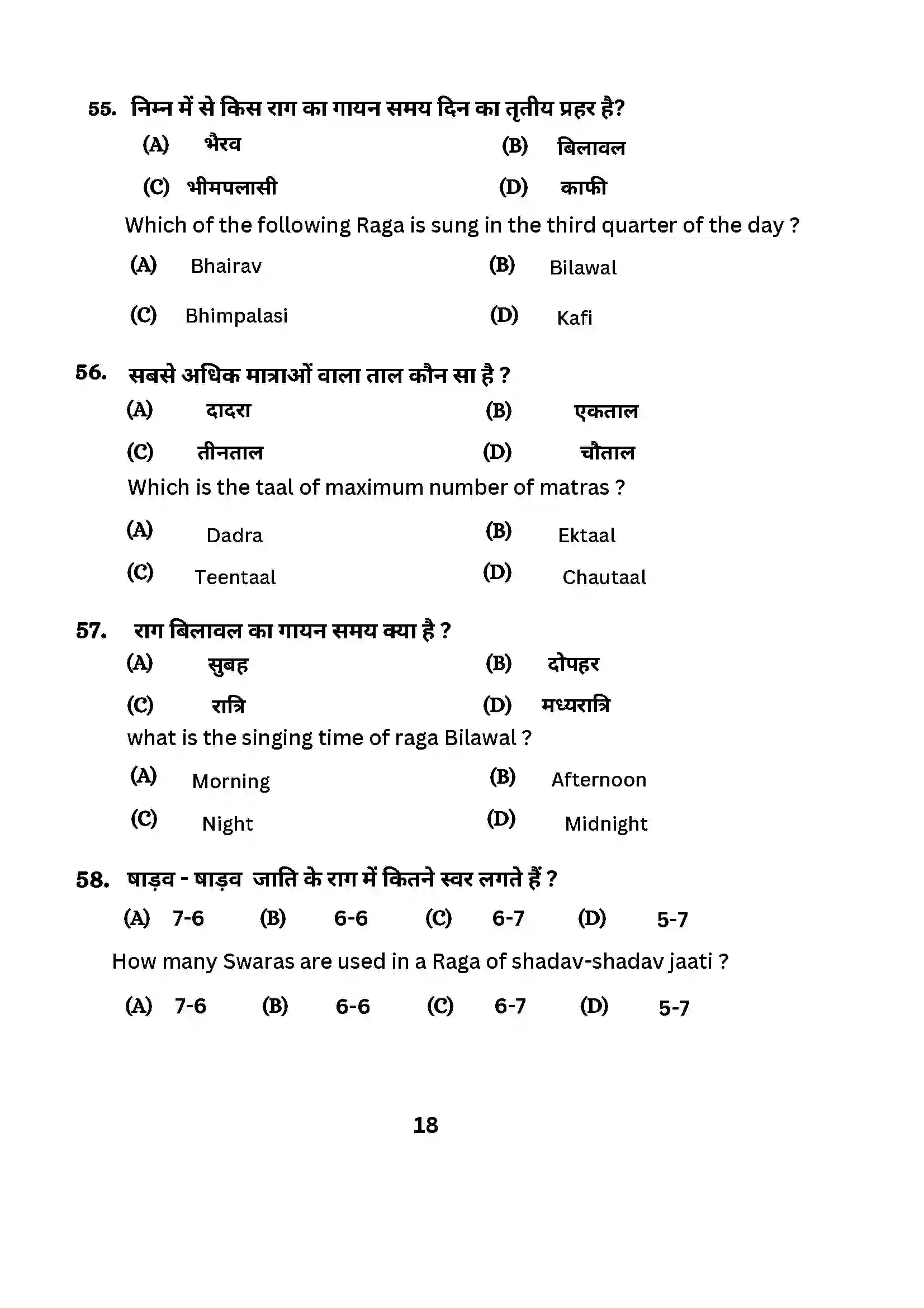 Bihar Board Class 10th 2024 Music (Theory) Sample Paper 18