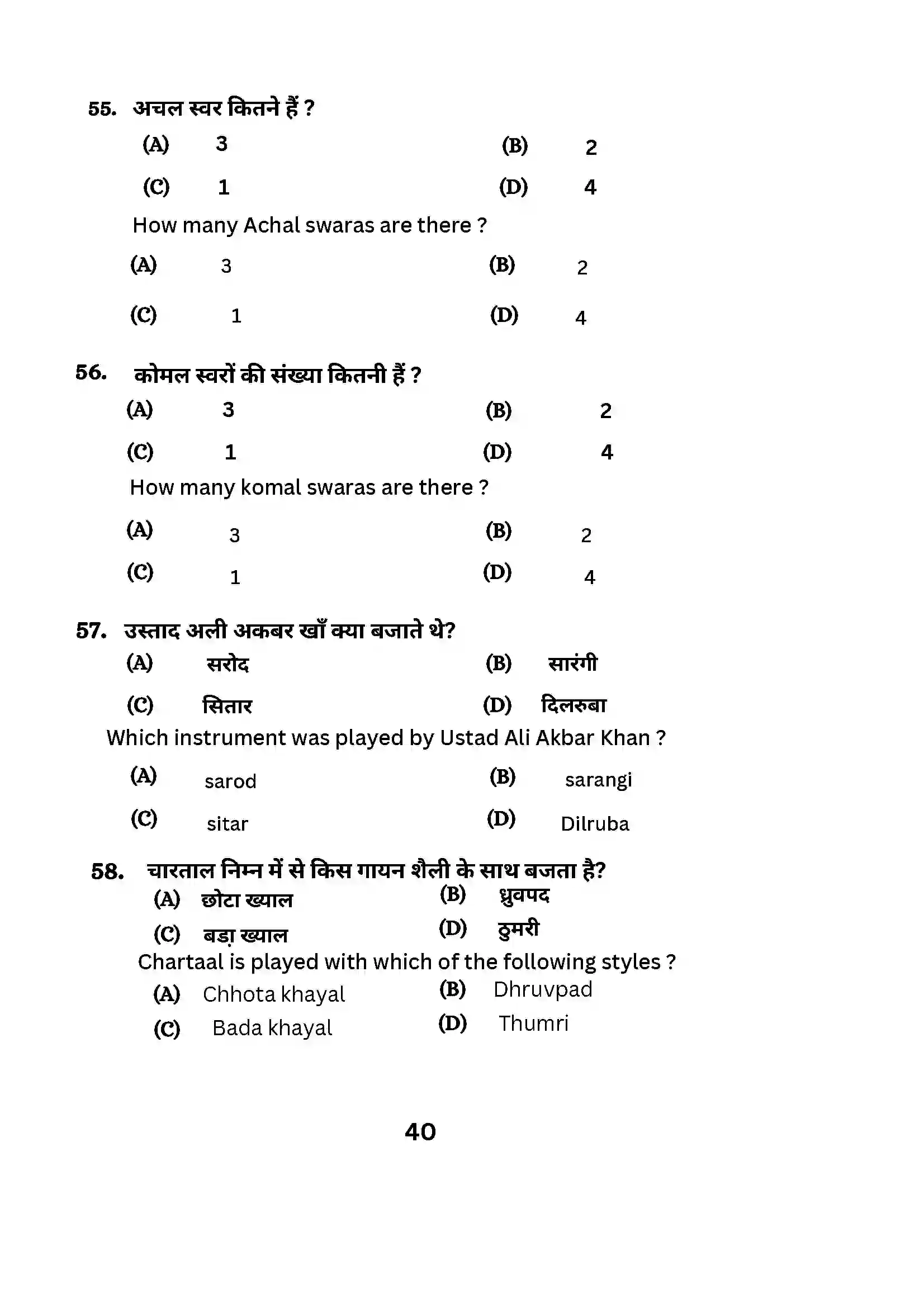 Bihar Board Class 10th 2024 Music (Theory) Sample Paper 40