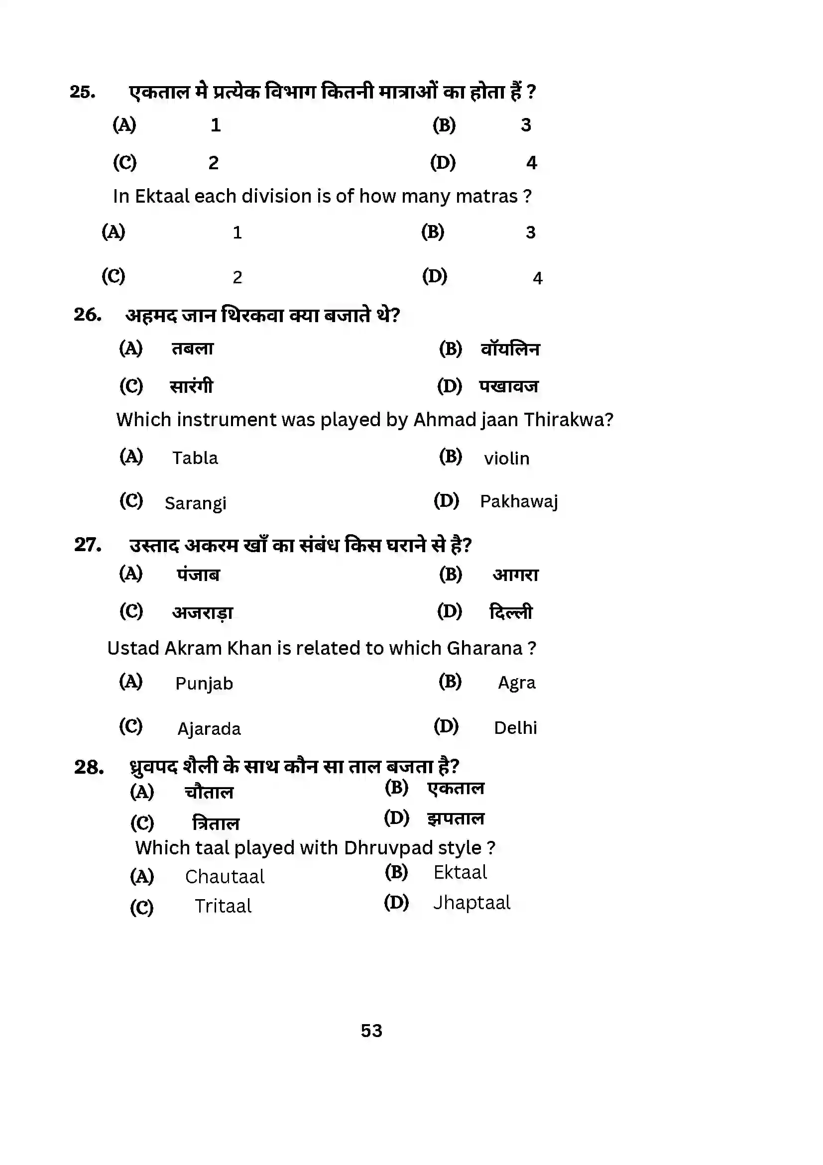 Bihar Board Class 10th 2024 Music (Theory) Sample Paper 53
