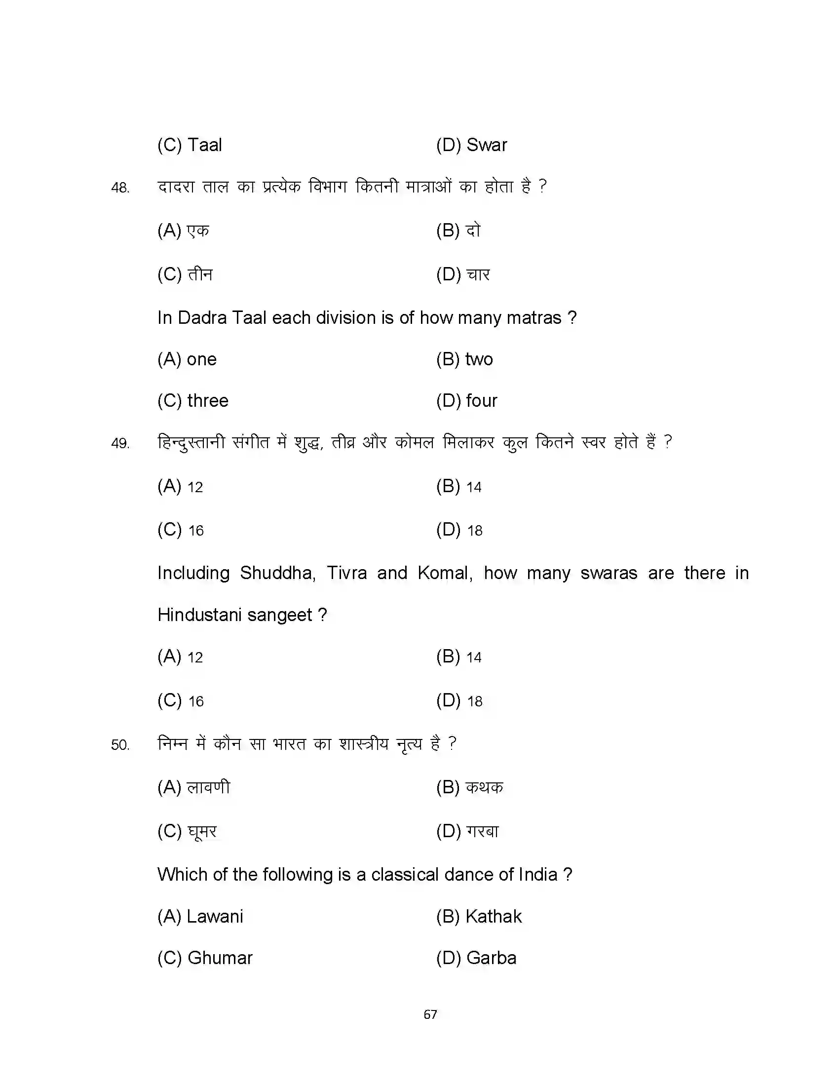 Bihar Board Class 10th 2024 Music Sample Paper 67