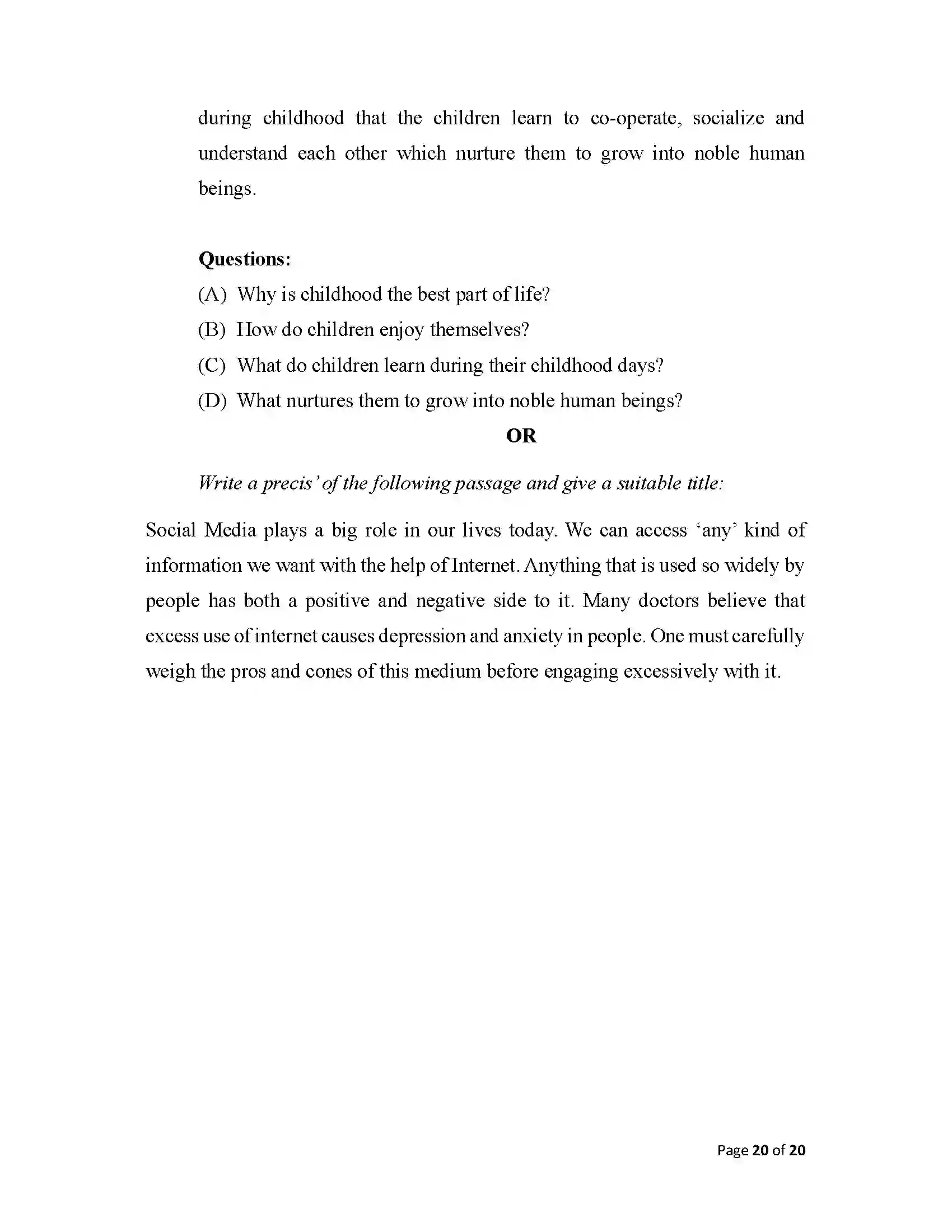 Bihar Board Class 12th 2025 English Sample Paper 20