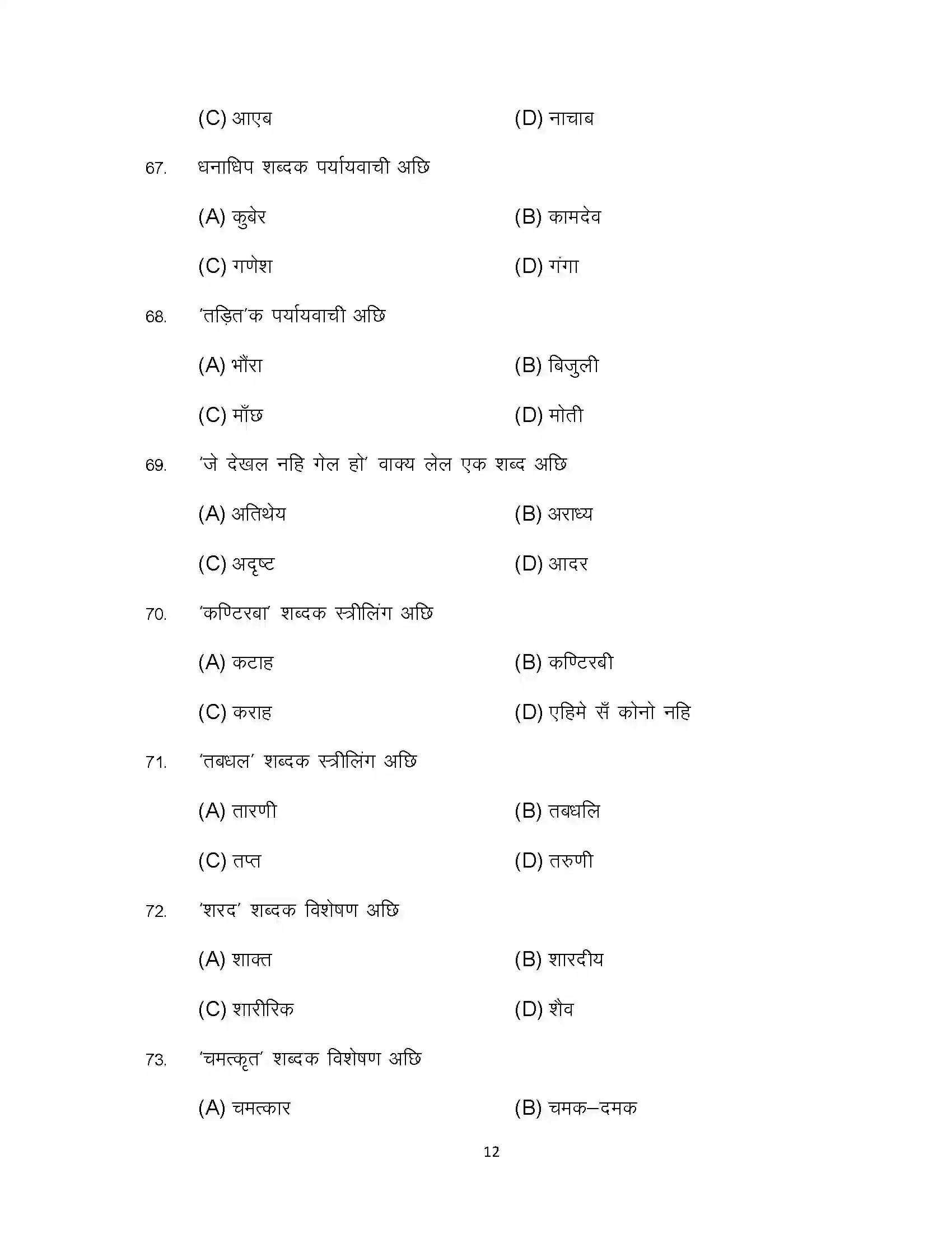 Bihar Board Class 12th 2024 Maithili Sample Paper 12