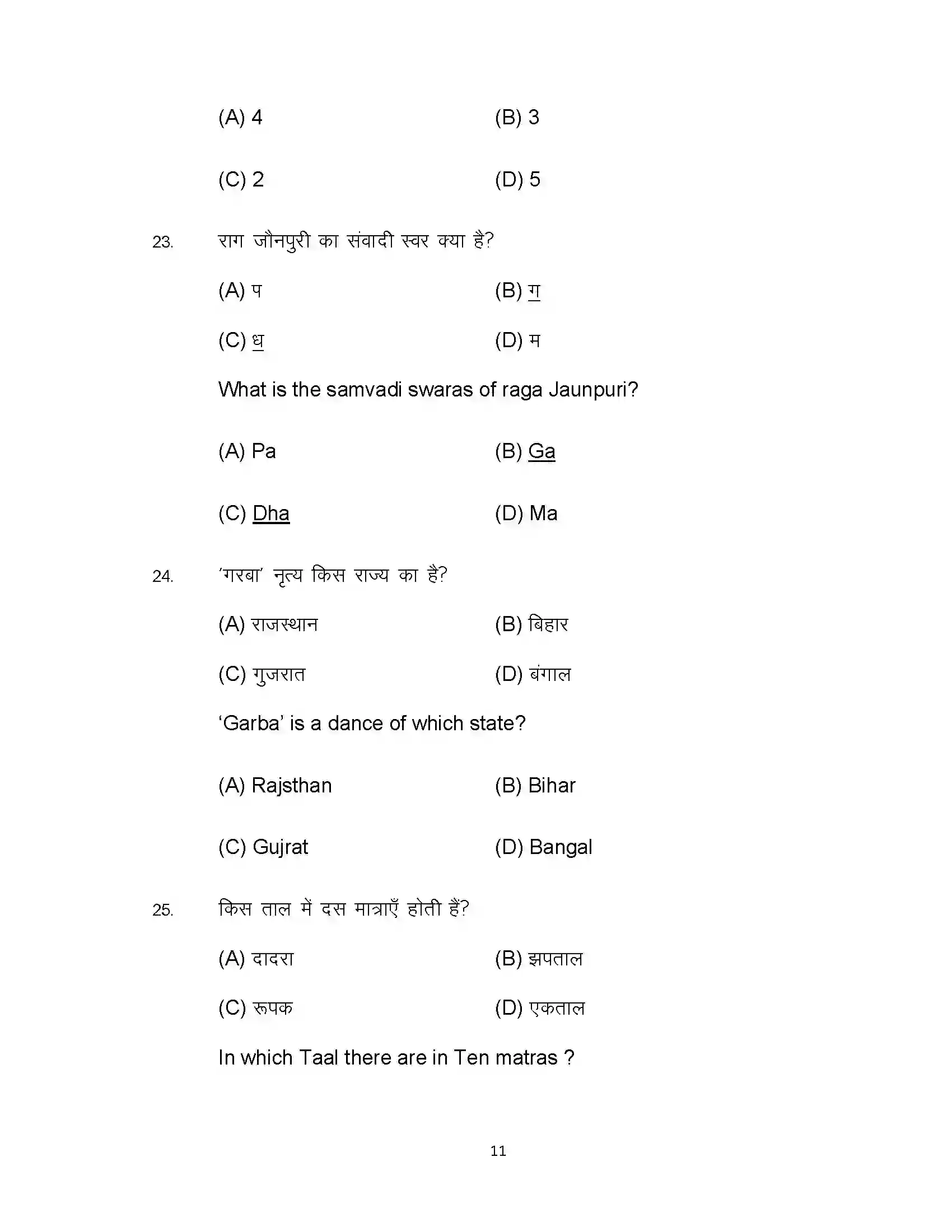 Bihar Board Class 12th 2022 Music (Elective) Sample Paper 11
