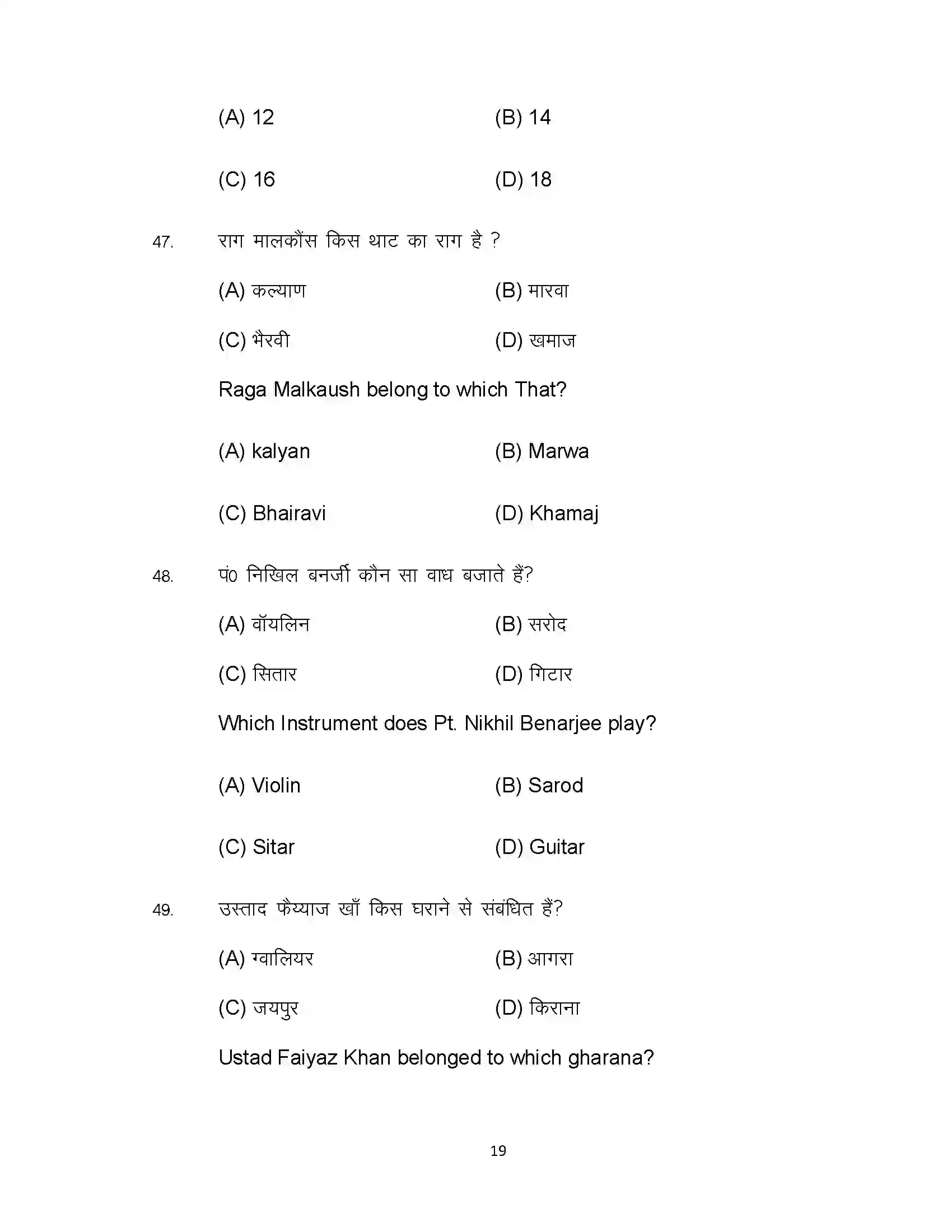 Bihar Board Class 12th 2022 Music (Elective) Sample Paper 19