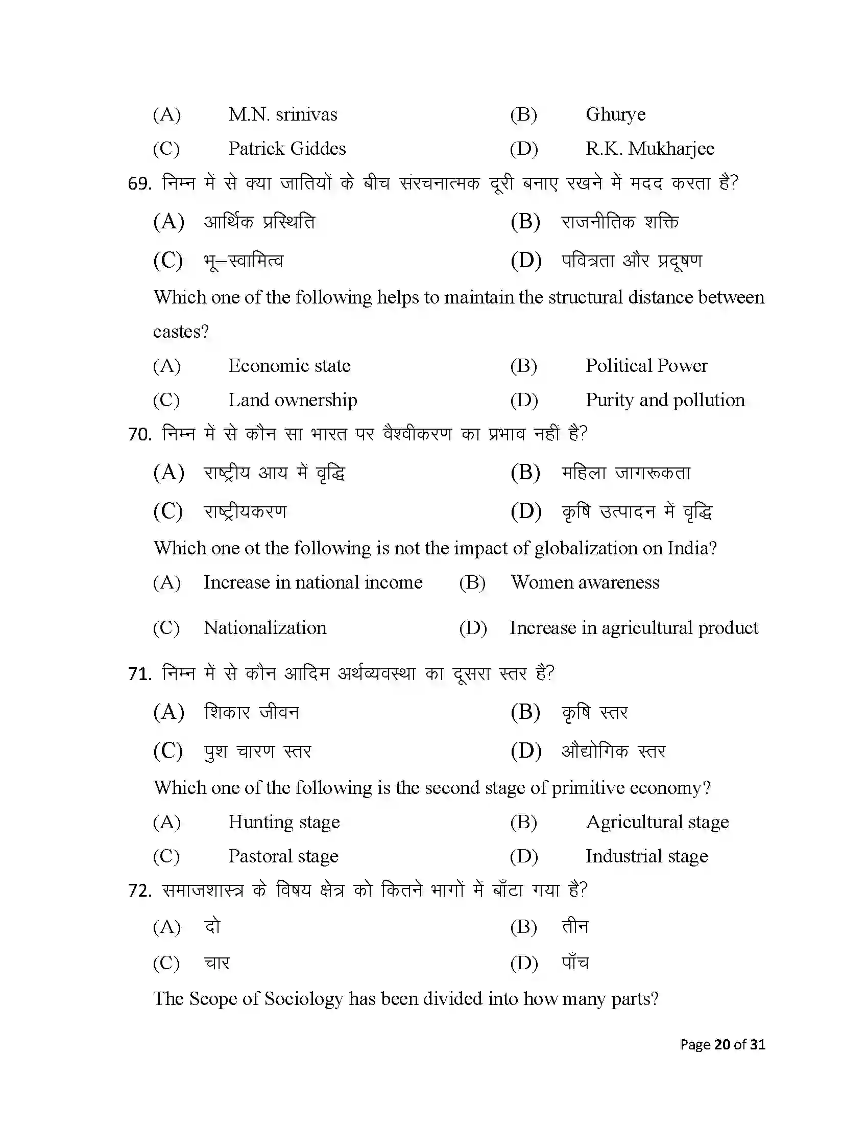 Bihar Board Class 12th 2025 Sociology Sample Paper 20